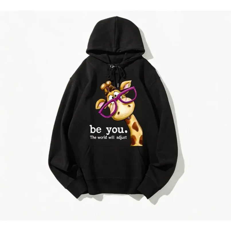 Cute Giraffe Be You Graphic Hoodie, Oversized Comfort Fashion Outfit, Cartoon Animal Print Pullover Hooded Sweatshirt, Ideal Valentine’s Day Gift, Best Festival Present for Him Her Family Friends Unisex Top