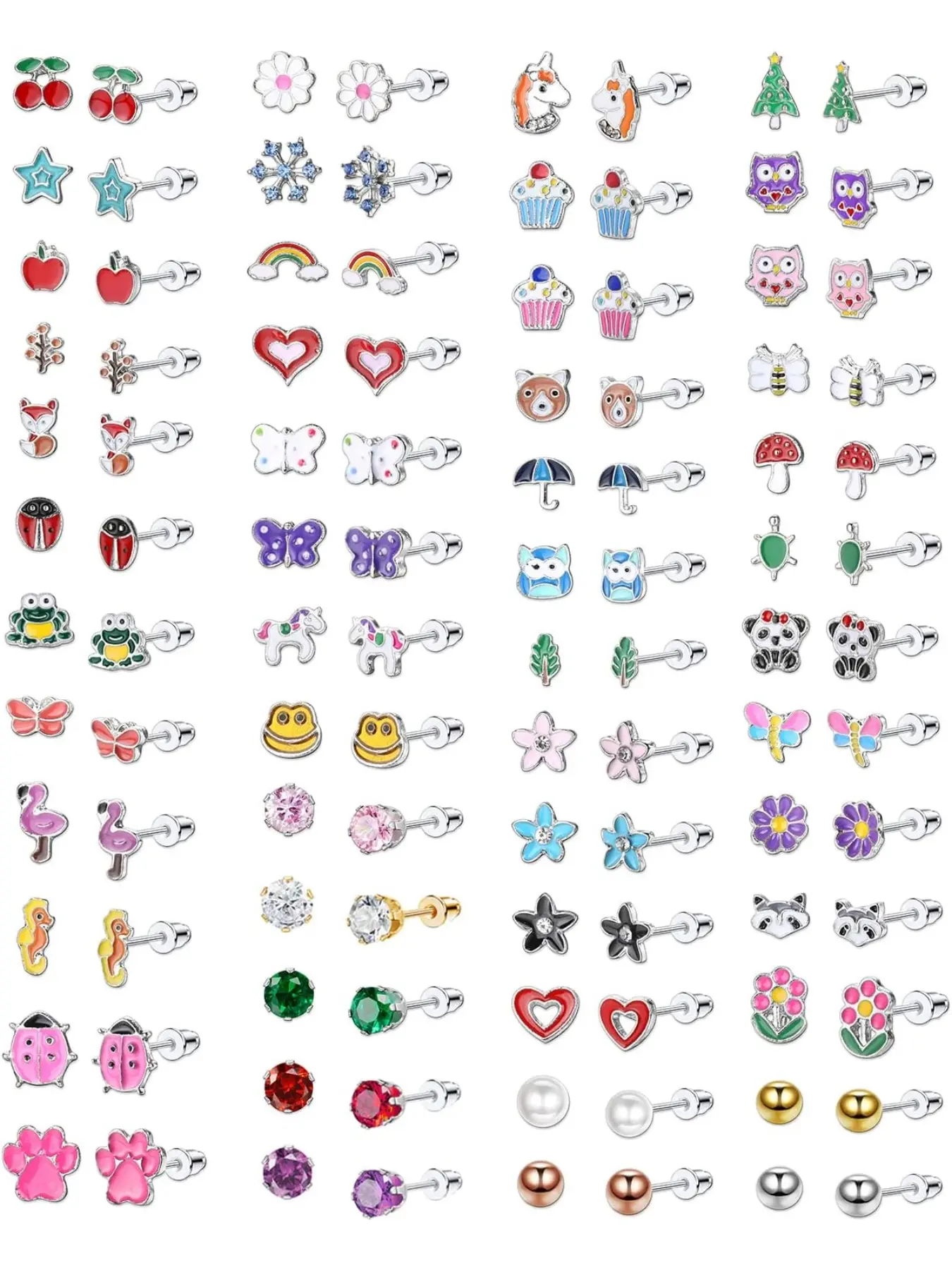 51Pairs Kids Earrings for Girls Children Cute Small Stud Earrings Set With Hypoallergenic Stainless Steel Ear Needles, Coloured CZ Animals Flower Fruit Pearls Star Earrings Jewellery Gifts