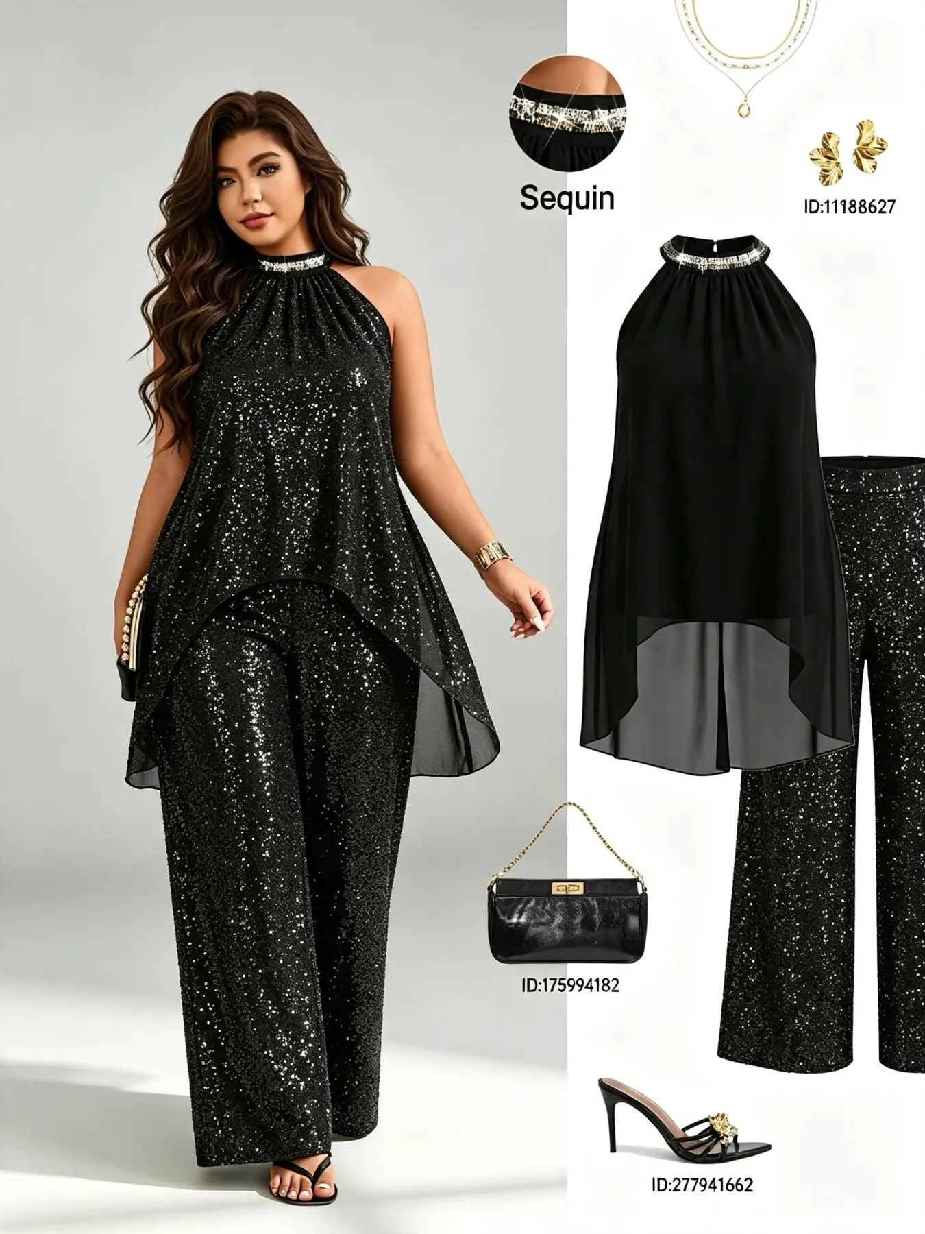 Luxury Party Style Plus Size Two-Piece Set, Ruched Halter Neck Sequin Top, Sleeveless Chiffon Blouse, Loose Fit Slimming Wide Leg Pants Set