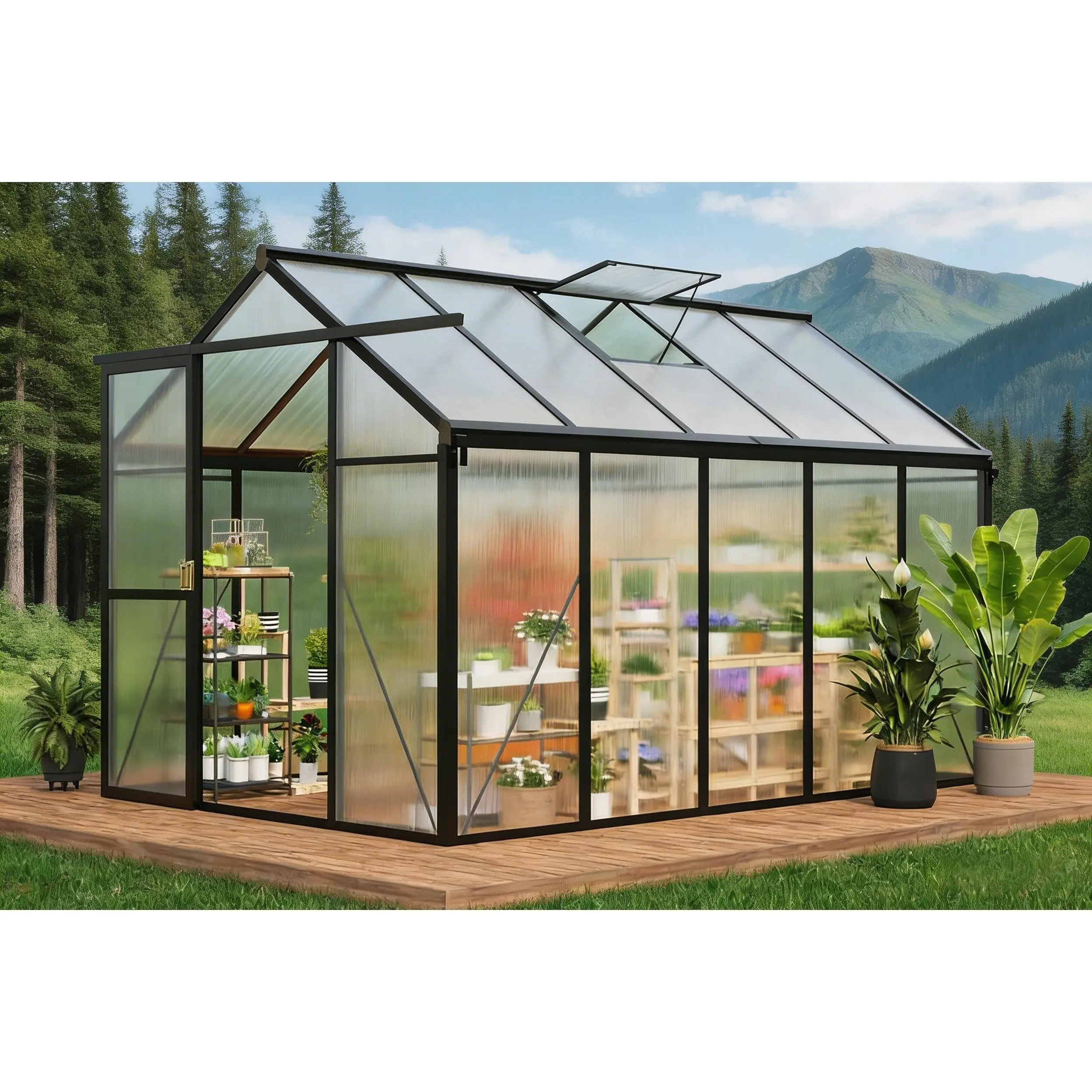 Greenhouse for Outdoors, Walk-in Green House with Ground Nails and Vent Windows, Sliding Lockable Door, Polycarbonate Greenhouses for Outside Garden Backyard, Quick Setup, Black, 6 x 8 x 6.5ft/6 x 10 x 6.5ft(2 Boxes)
