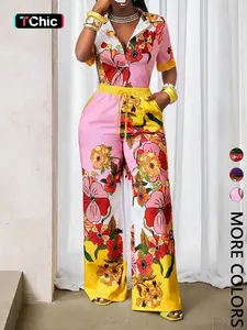 Women's 2-Piece Set Short Sleeve Shirt + Casual Long Pants, Beach Vacation Essential, Non-Positional Floral Design, Comfortable and Stylish