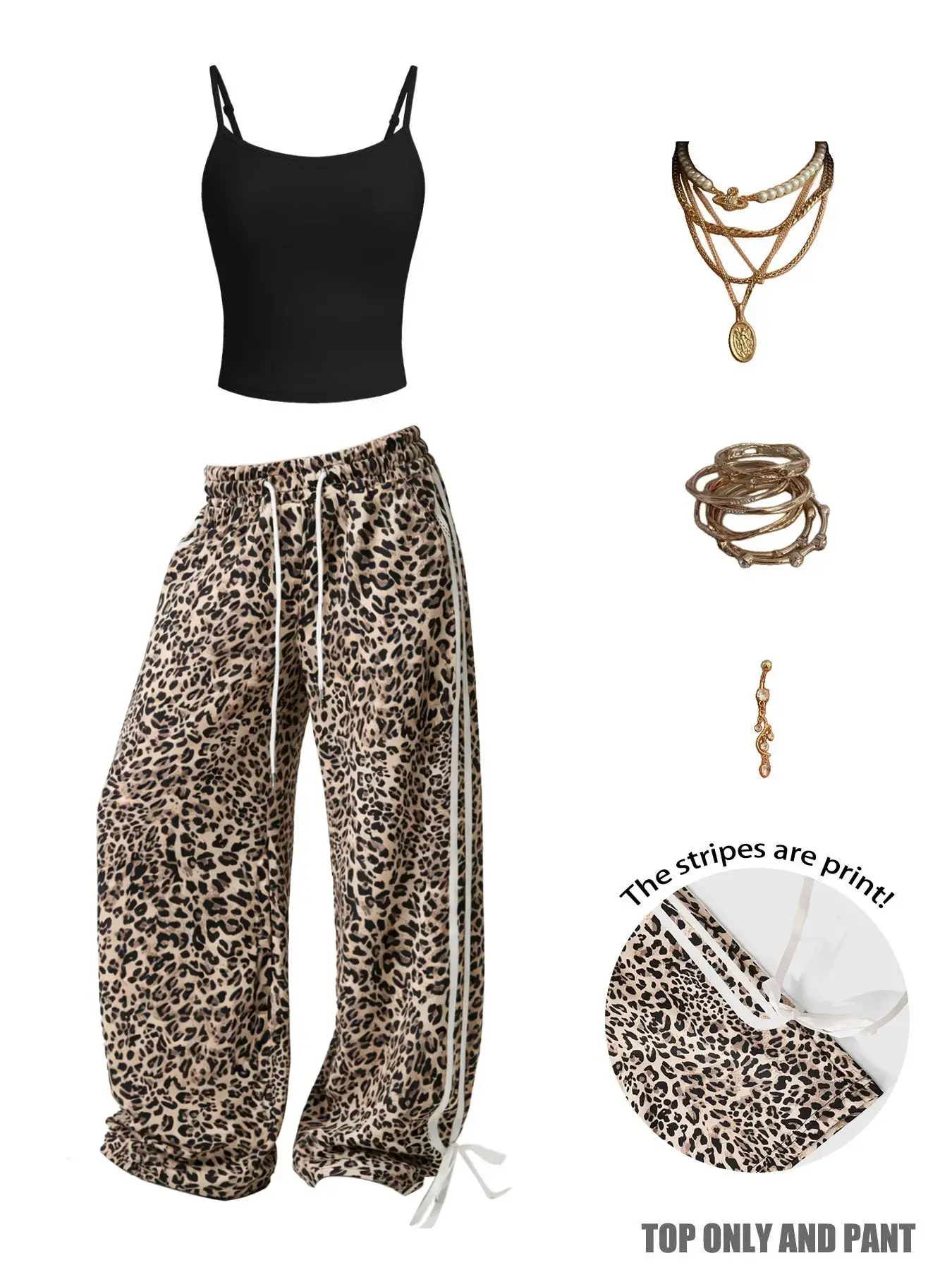 Women's Summer Casual Slim Fit Tank Top + Leopard Print Loose Baggy Long Pants Set, Soft Comfortable Home Wear, Essential Leopard Print, Everyday
