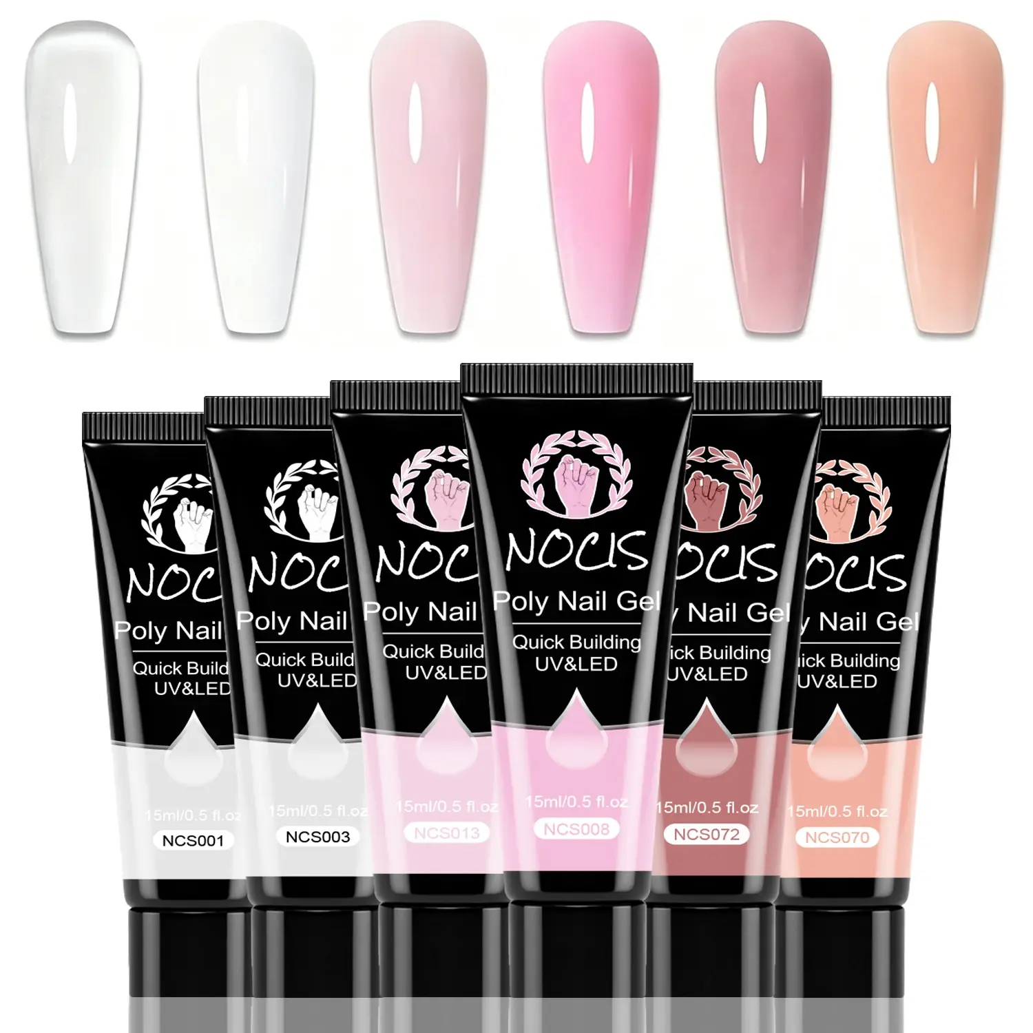 Nocis 6 Color Nail Extension Gel Set, Poly Gel Set, 15g Tube, UV LED Removable, Thick Self-Leveling, Ideal for Home & Salon Manicure