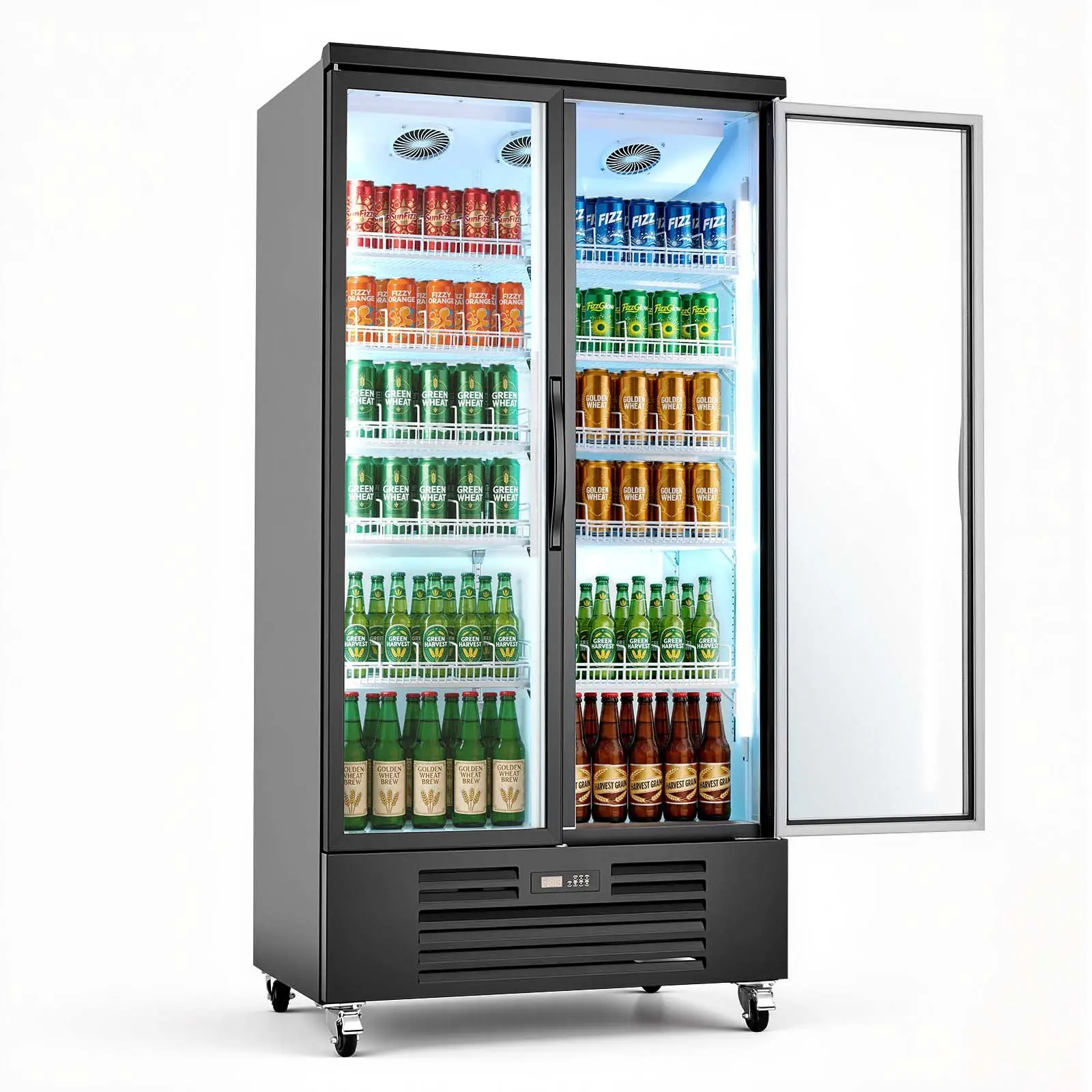 VEVOR Commercial Merchandiser Refrigerator, 24.9 Cu. Ft/ 705L Upright Beverage Cooler, 2 Glass Door Display Refrigerator with 5 Adjustable Shelves, Soft LED Light Casters for Bars Shops Supermarkets