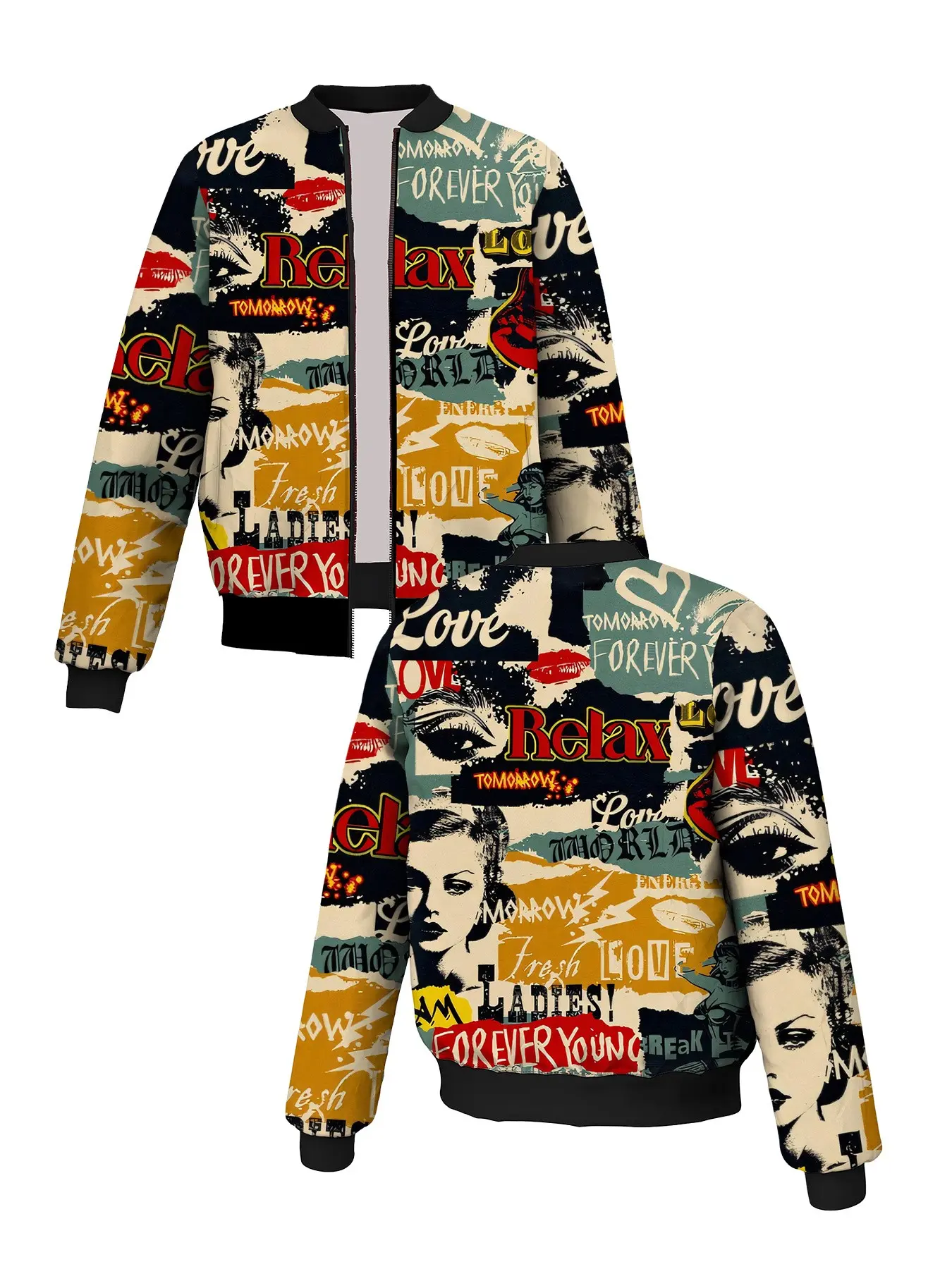 Men's Vintage Baseball Jacket, All over Print, Zipper Closure, Loose Fit, Hip-Hop Street Style, Fall & Winter Fashion
