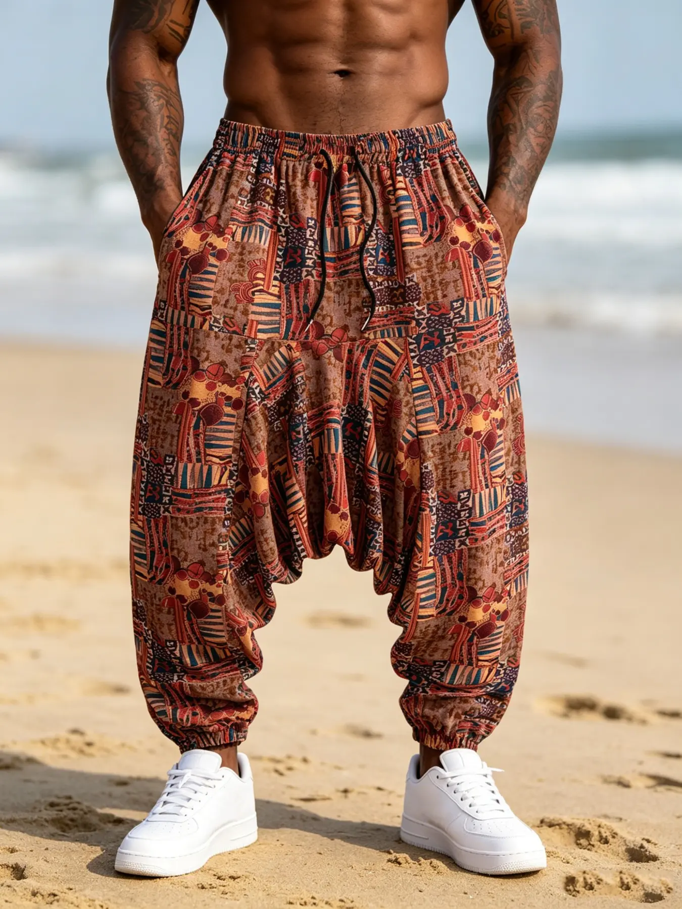 Men's Ethnic Tribal Print Harem Jogger Pants, Drawstring Elastic Waist, Cotton Blend Baggy Oversized Casual Trousers, Streetwear Travel Daily Outdoor