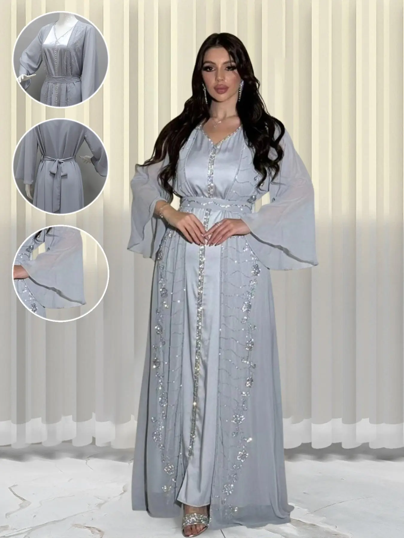 Women 2 Piece Rhinestone Embellished Abaya Set, Elegant Islamic Clothing, Islamic Modesty Clothes, Open Front Flare Long Sleeve Grey Maxi Outer Kimono + V Neck Slip Dress with Matching Waist Belt, Sparkly Floral Crystal Beaded Modest Muslim Formal Gown