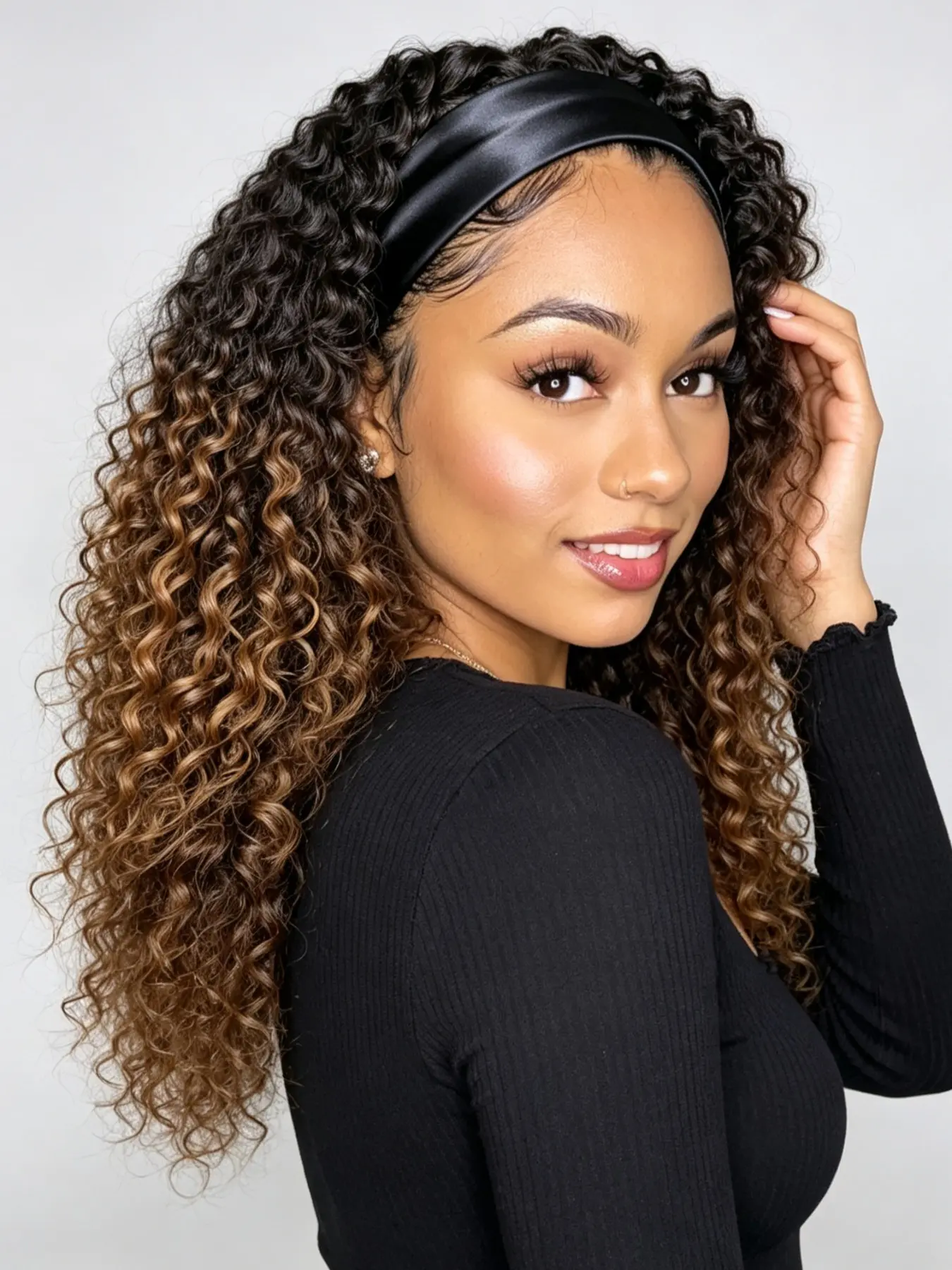 T1B/30 Brown Ombre Headband Wig 16 Inch Synthetic – Jerry Curly Kinky Curly 200% Density Glueless None Lace Front Wig, Highlight Ombre Full Volume Daily Wig for Black Women, Kinky Curly Wigs
