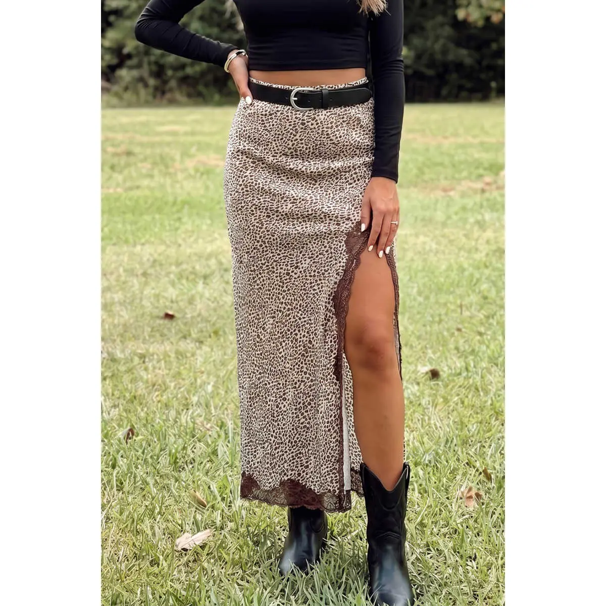 Women’s Leopard Print Lace Trim Polyester Maxi Skirt - High Slit Patchwork Western Bottoms with Zipper