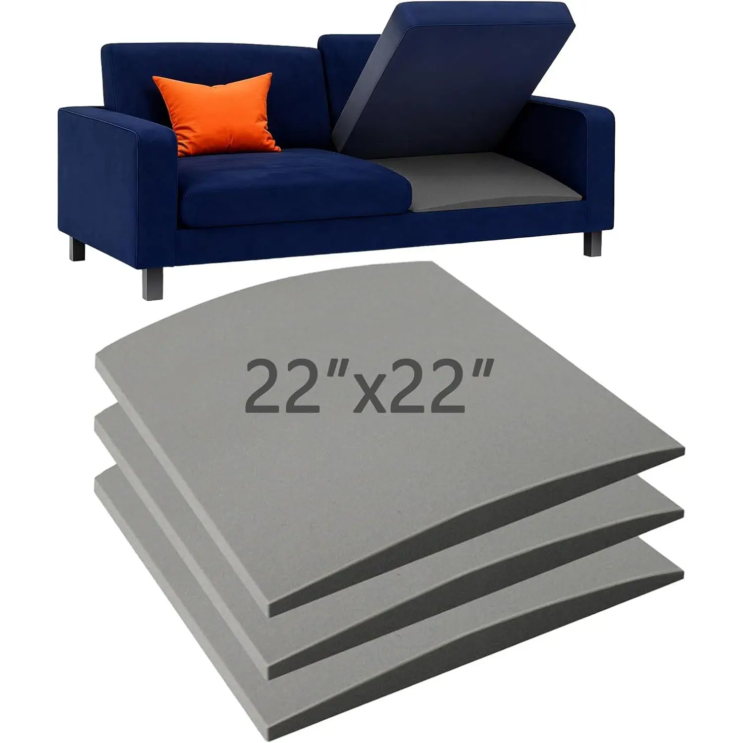 Soleey 3 Pcs 45D Couch Cushion for Sagging Seat 22 * 22 * 2 Inches, Grey Sofa for Sagging Curved High Density Foam Sagging Couch Cushion for Furniture Sofa Seat