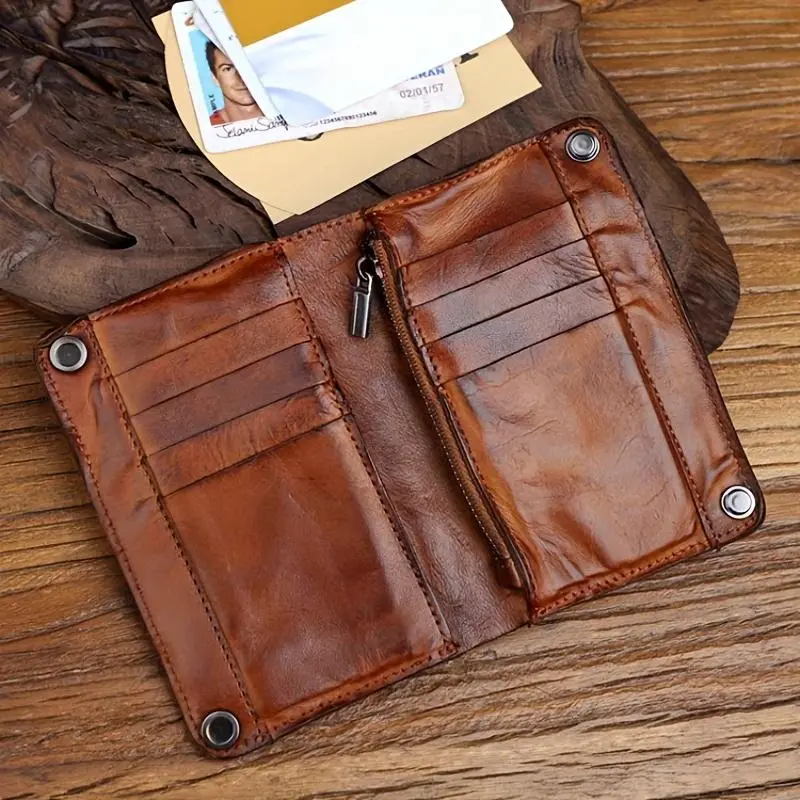 Retro Vegetable Tanned Leather Handmade Wallet Men'S Genuine Leather Zipper Bag Multi-Card Slot First Layer Cowhide Handmade Old Large Capacity