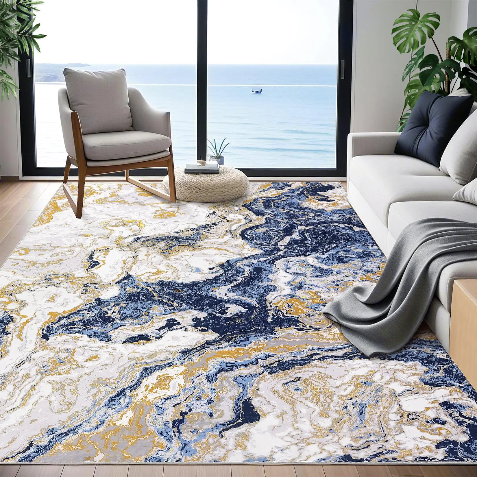 Garvee - Modern 4 x 6 Feet Marble Rug, Ultra-thin, Washable, with Abstract Marble Pattern, Non-slip, Low Pile, Soft and Luxurious, Ideal for Living Room, Kitchen, Dining Room, Blue