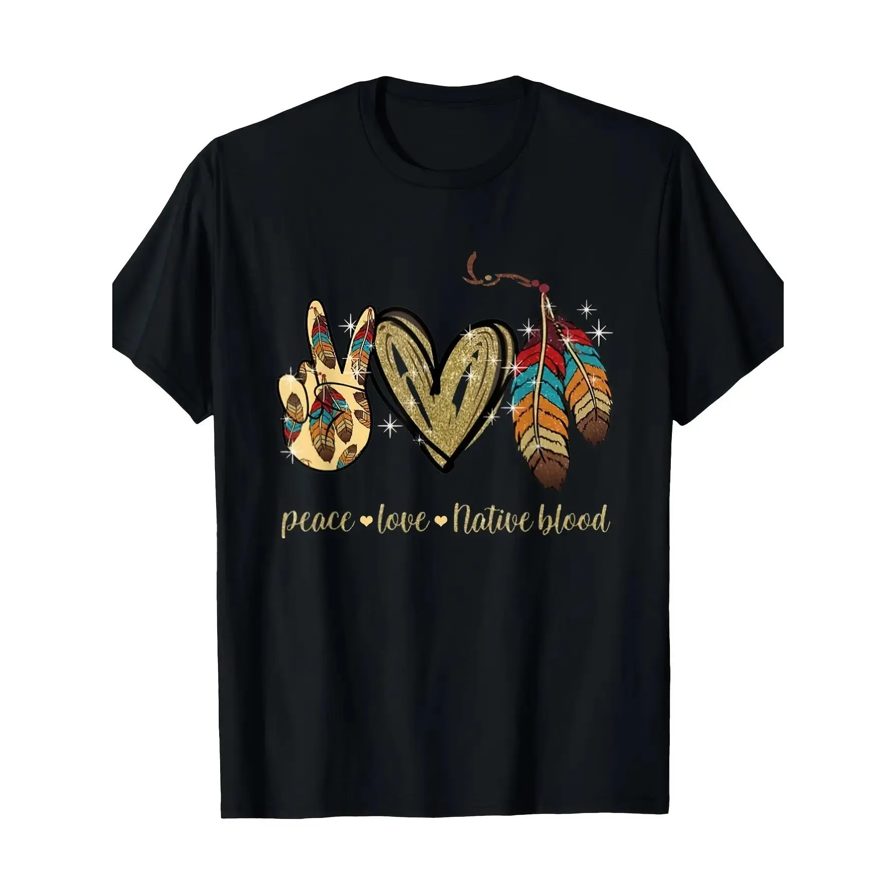 Men's Relaxed Fit Short-Sleeve Cotton T-Shirt - Black Feather, Dreamcatcher, Peace Signs & Hearts Graphic, 220gsm Soft Breathable Fabric, Unisex Round Neck Cultural Pride Tops