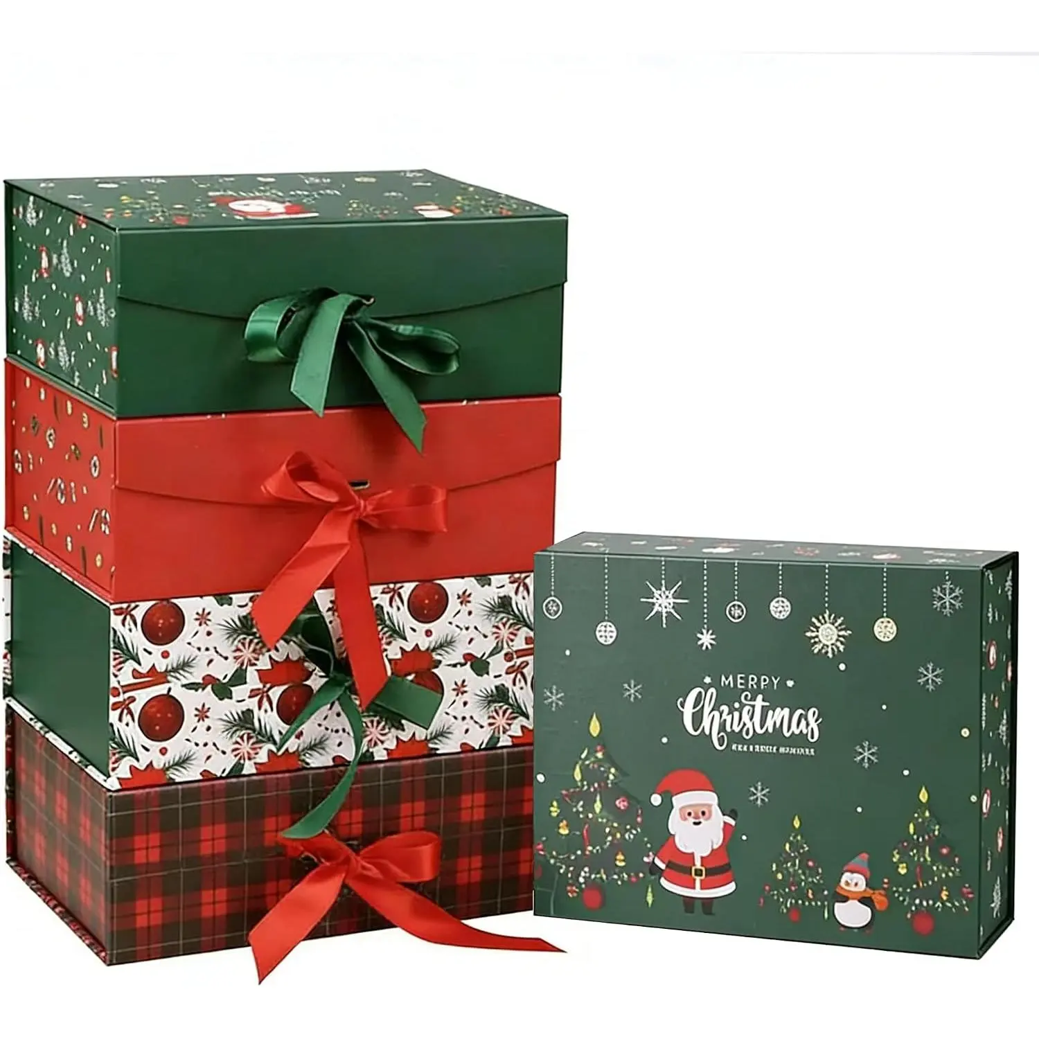 Christmas   Boxes with , Collapsible Hardboard  Packaging, Red & Green Holiday Boxes for Presents, 4 Pack (Multiple Sizes) (4Pack Christmas 9.5"*6.9"*4.2")