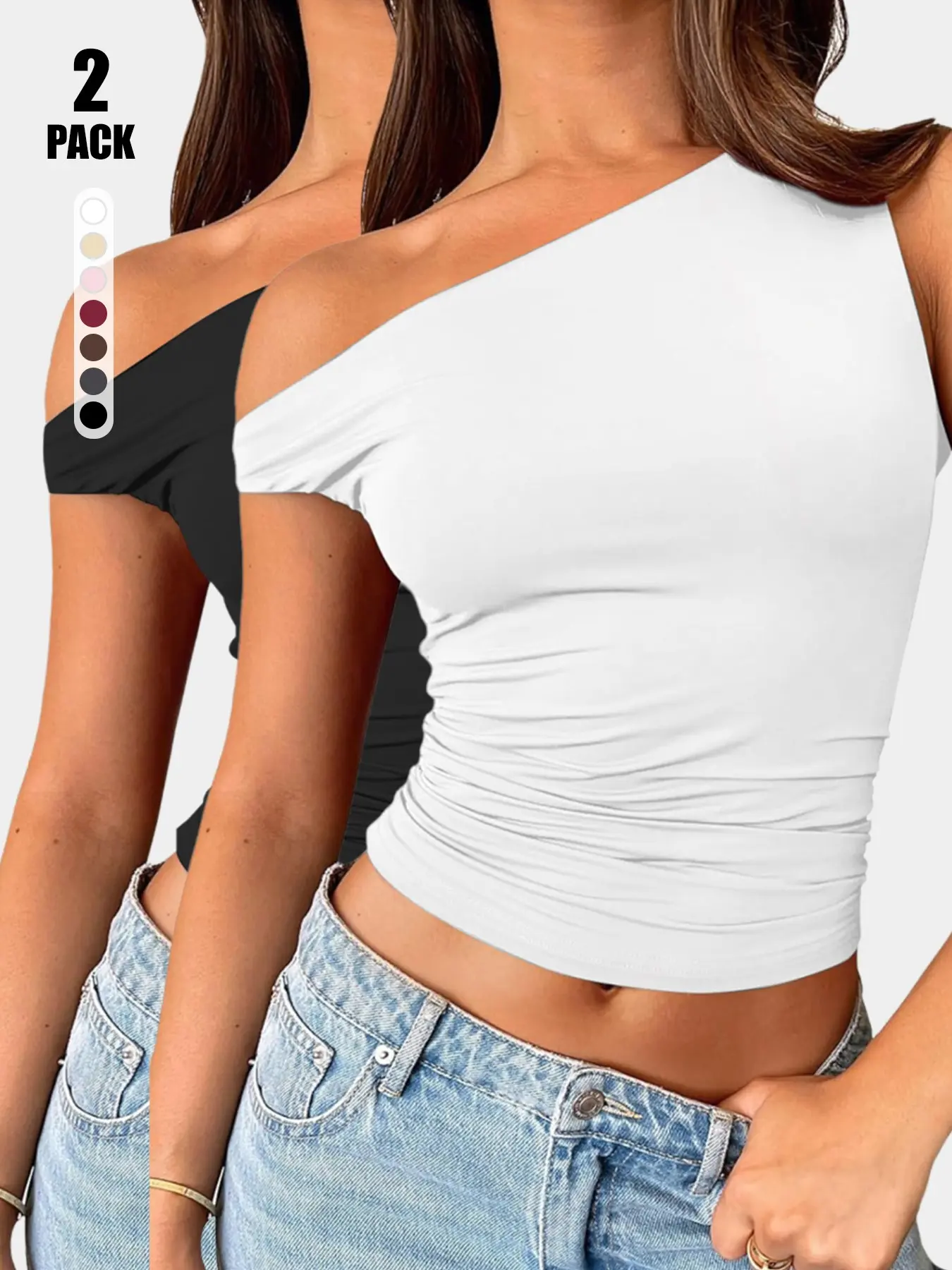 2026 New Women Asymmetrical One Shoulder Fitted Tank Blouse, Side Ruched Slim Sleeveless Off Shoulder Crop Top, Soft Stretch Modal Knit Solid Elegant Y2K Shirt for Club Date Daily Going Out, All Season
