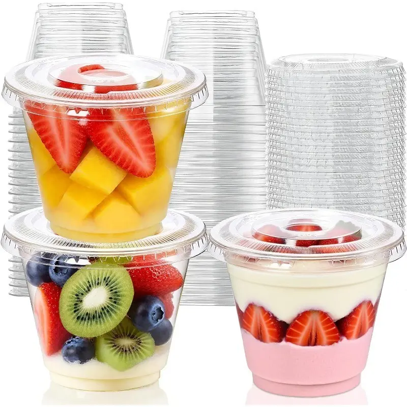 100pcs 9oz Sweet Treat Cups with Lids, Transparent Plastic Cup, Clear Dessert Cups, Disposable Transparent Cups, Ideal for Ice Cream, Cake, Snacks, Fruit, Cold Drinks, Smoothies, Pudding, Salad