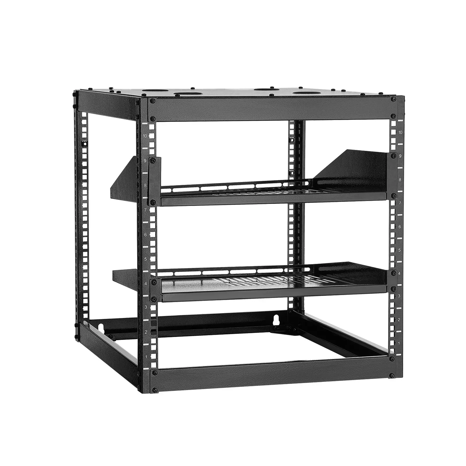 【DealsForYouDays】VEVOR 10U Open Frame Steel Network Rack, 23in Depth, 200 lbs Capacity, Wall Mounted/Floor Standing, Heavy Duty 4-Post, Durable Sturdy SPT-504-10A, with Vented Shelves & Mounting Hardware for Networking IT/AV Gear