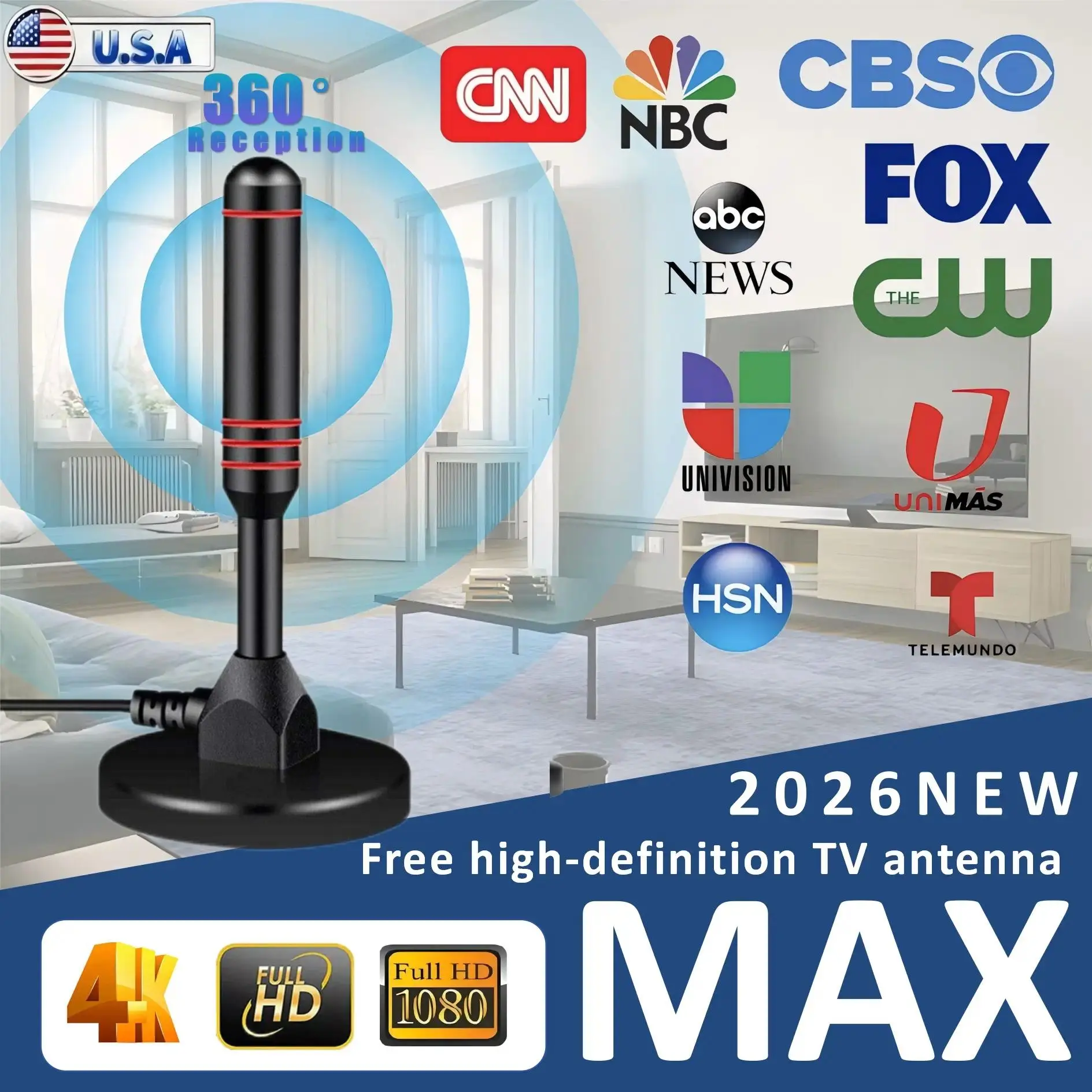 High Definition Digital Antenna, Supports 4K 1080P, Smart TV Compatible, Black 360 Degree Signal Coverage, Indoor Outdoor Use, Digital Hd Antenna, HDTV Antenna, Antenna For Tv