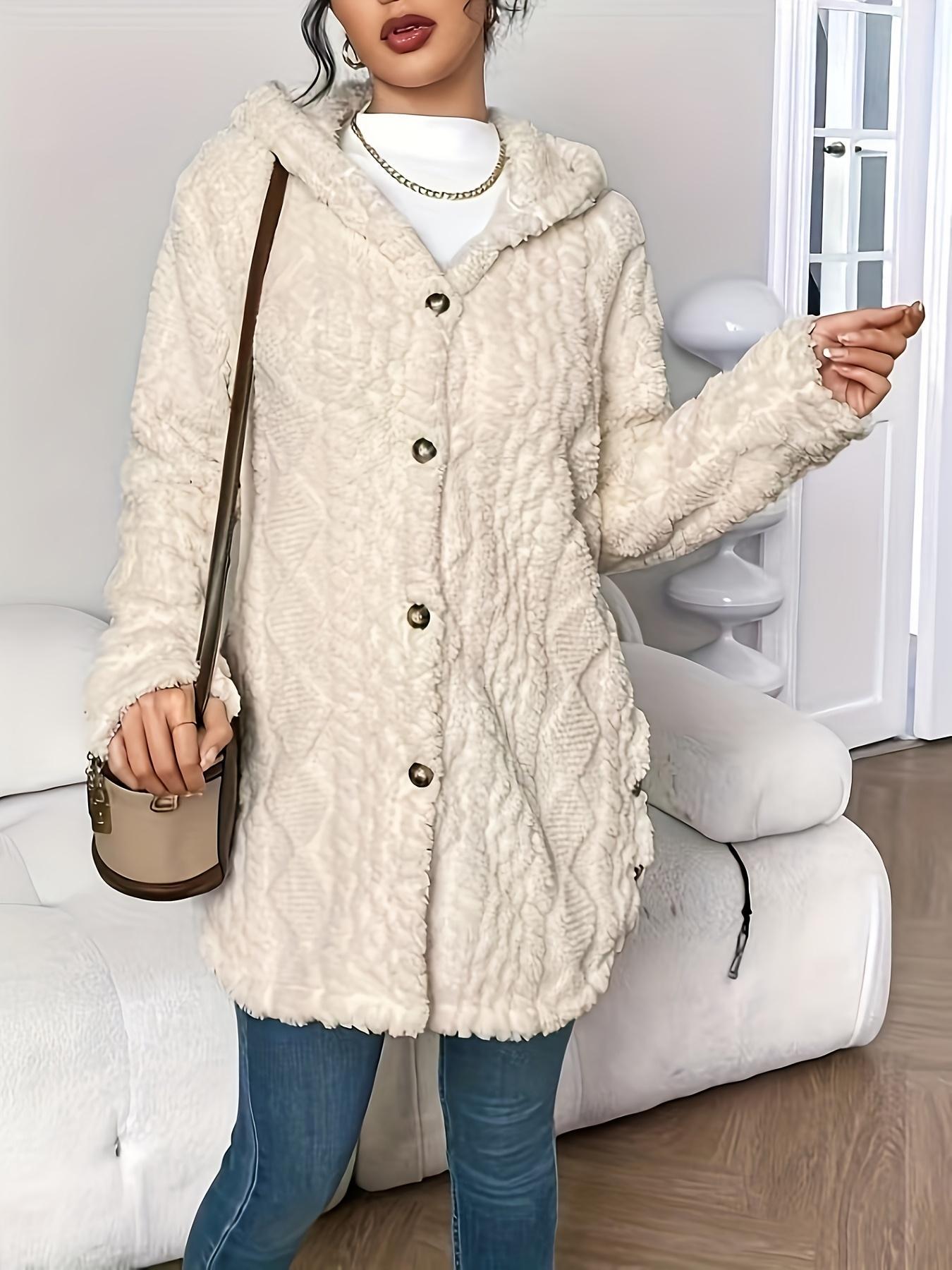 Women's Solid Color Fuzzy Knit Hooded Jacket Coats, Casual Long Sleeve Outerwear for Daily Wear, Ladies Clothes for All Seasons, Winter Womenswear