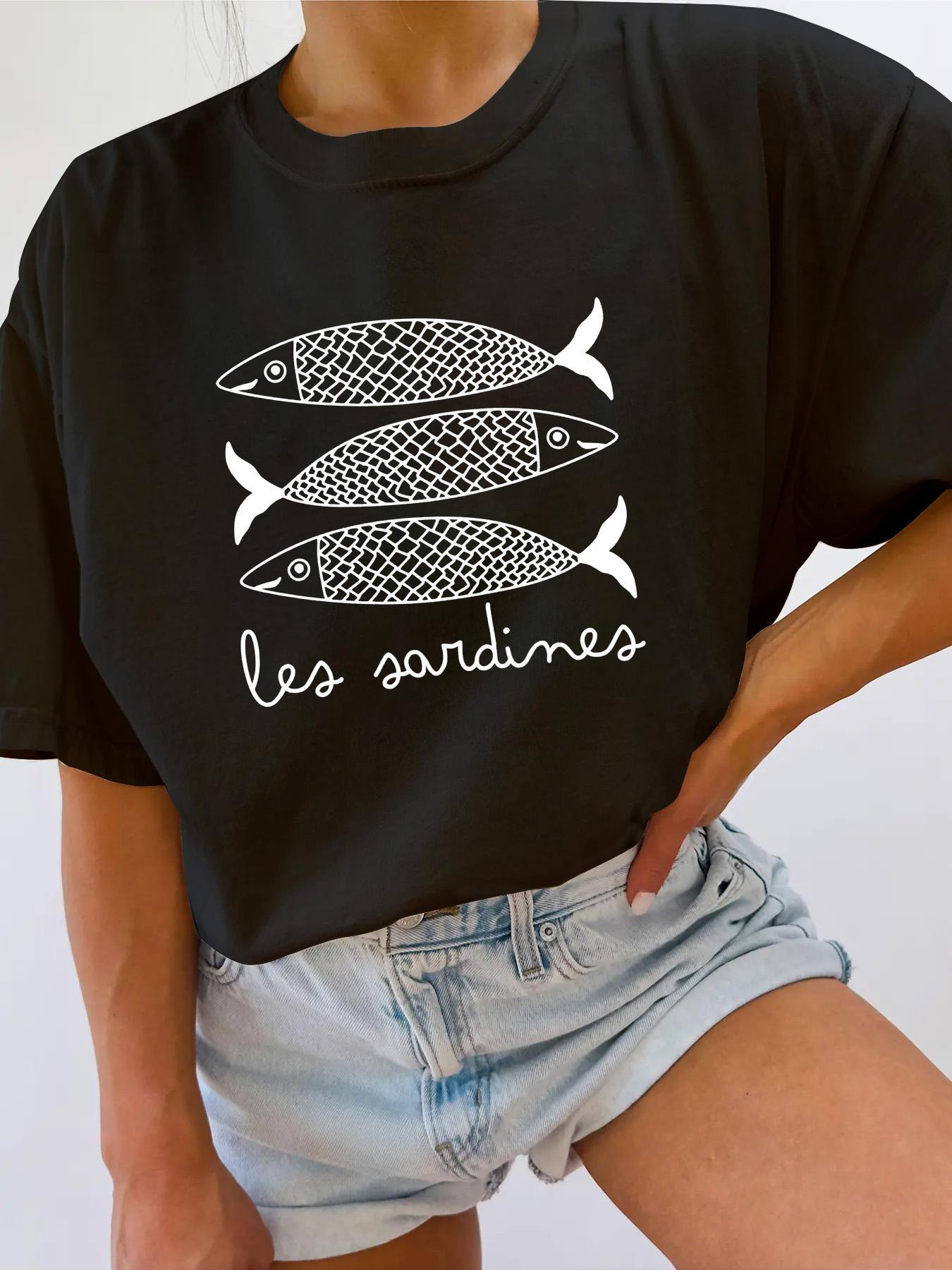 Women's Sardine & Letter Print Round Neck Tee, Casual Short Sleeve Crew Neck T-shirt for Summer, Everyday Fashion Women's Top for Daily Wear