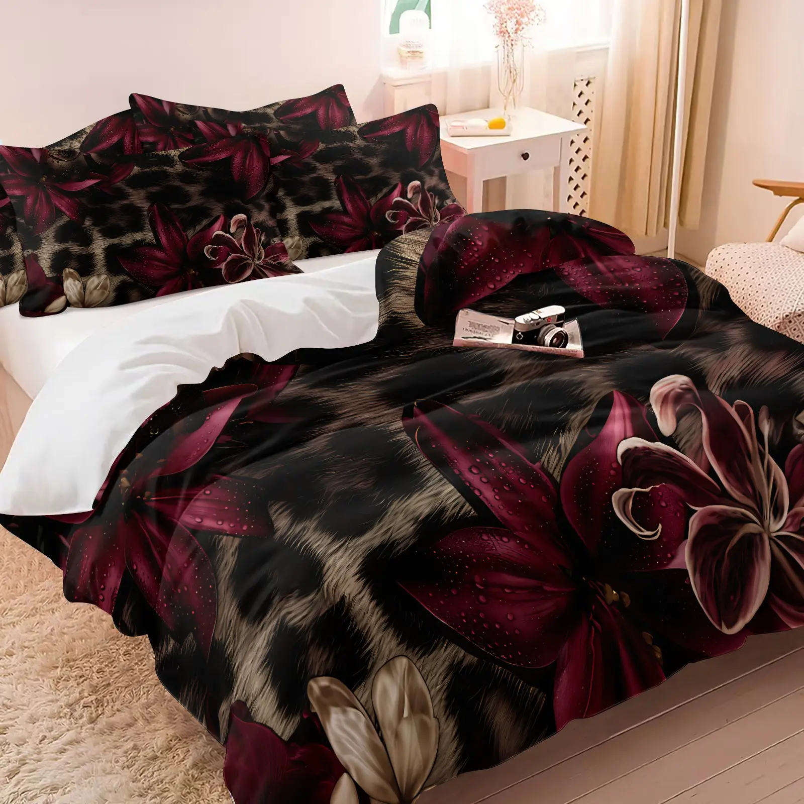 3PCS Dark Leopard Burgundy Floral Duvet Cover Set (1 Duvet Cover + 1-2 Coreless Pillowcases), Vintage Wild Leopard Texture Wine Red Lily Pattern, Soft Comfy All Seasons Bedding Set,Ideal for Elegant Retro Dark Style Bedroom Decor