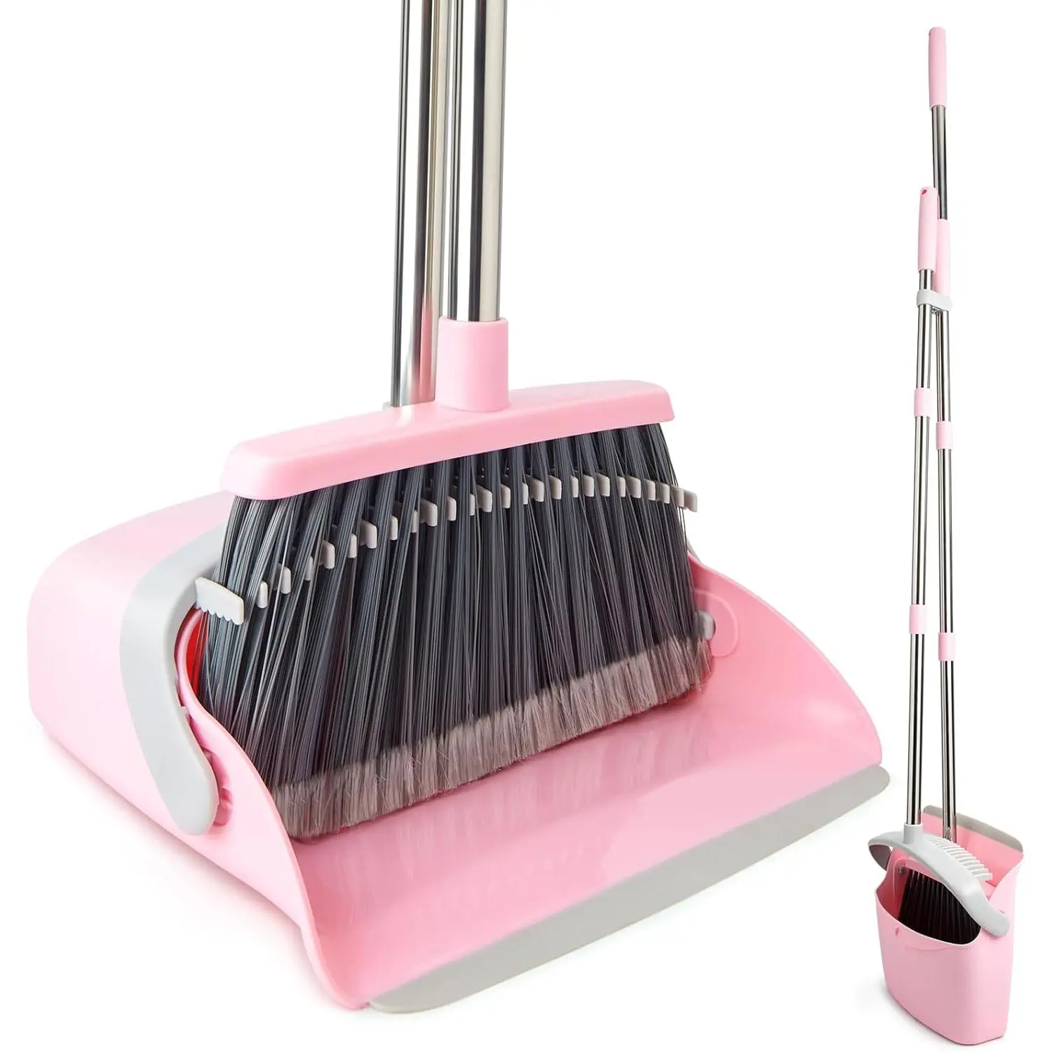 Broom and Dustpan Combo Set, Long Handle and Standing Dust Pan with Comb Teeth, Efficient Floor Cleaning for Kitchen, Outdoor, Dorm, Apartment, Office Lobby (Pink Gray)