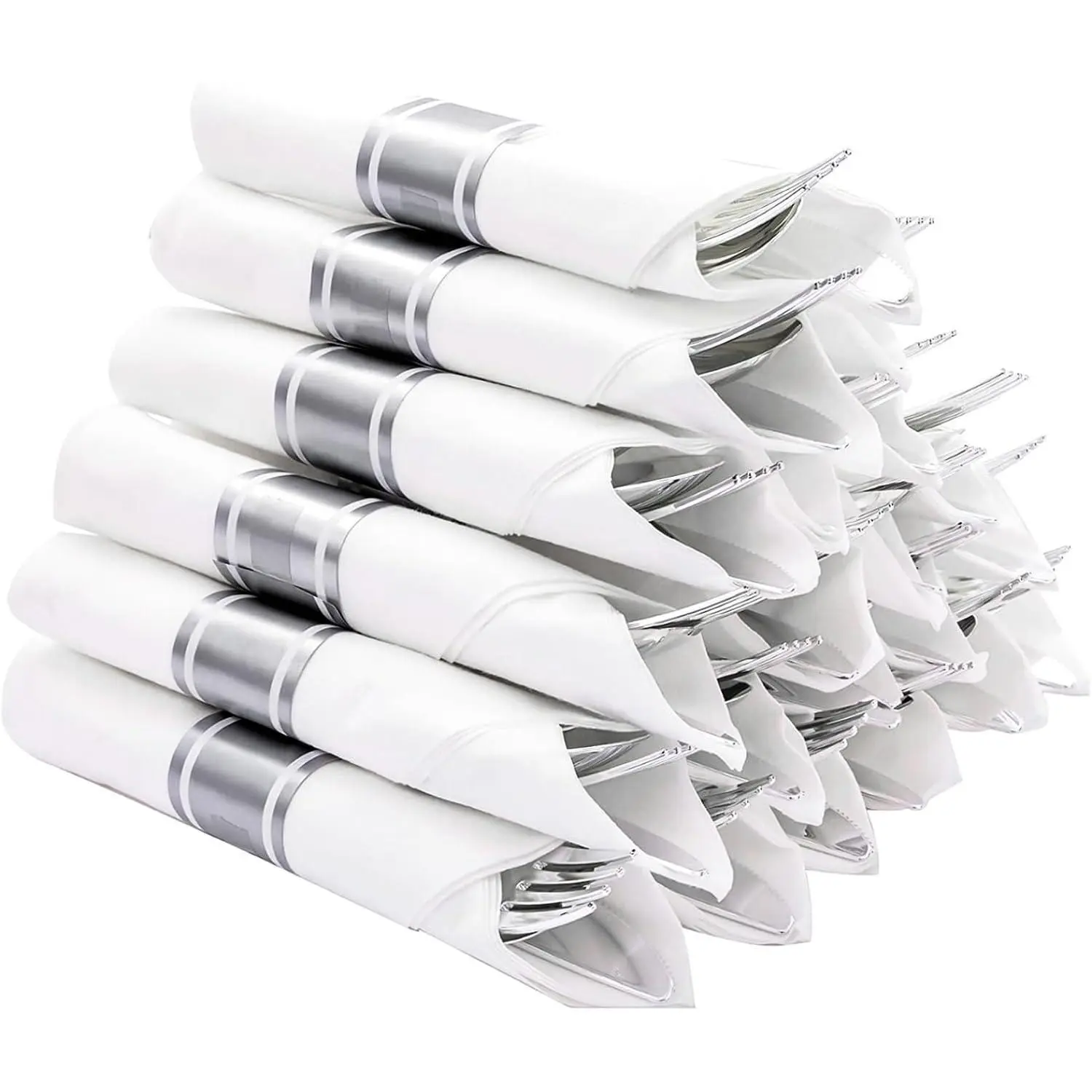 50 Pack Pre Rolled Silver Plastic Cutlery Set, 50 Forks, 50 Knives, 50 Spoons, 50 Napkins, Disposable Cutlery Set for Party and Wedding