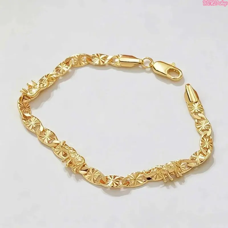 [WER21]1PC 14K Gold Plated Elephant Link Bracelet for Women, Lucky Sunburst Figaro Chain Charm Bracelet, Bring Good Luck & Positive Energy, Fashion Jewelry Gift for Mother's Day, Birthday, Christmas