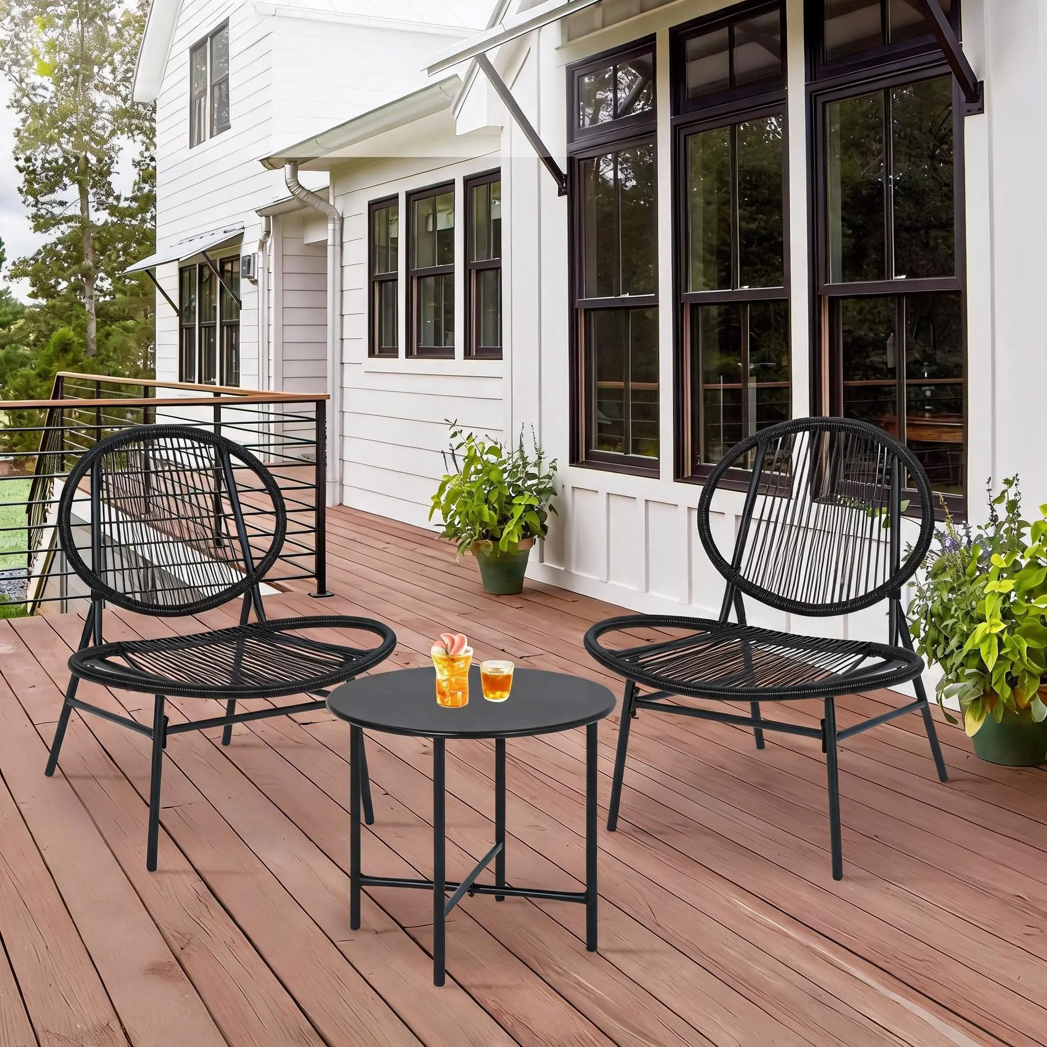 3-Piece Oval Wicker Bistro Set, 2 Chairs and Table, Iron Frame with All-Weather Rattan, Black