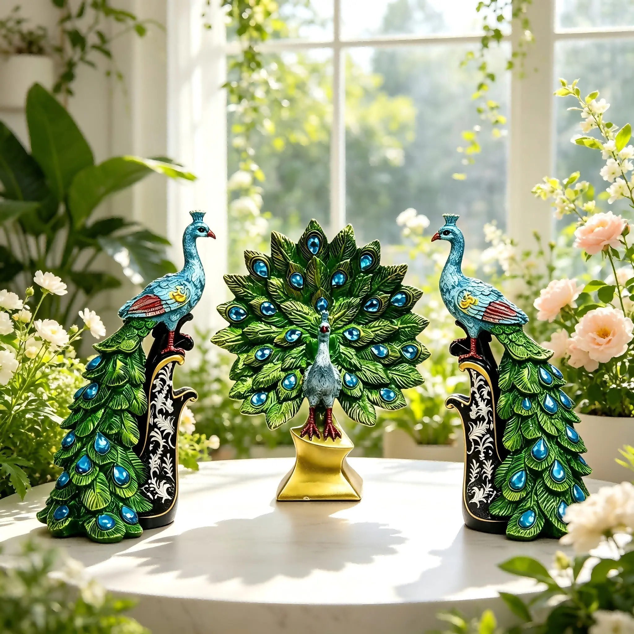 Three-Piece Peacock Ornament Set, Luxury Resin Peacock Decor, Decorative Peacock Statue, Home Entrance Decoration, Lucky Opening Peacock, Gift for New Homes, Modern Home Decor