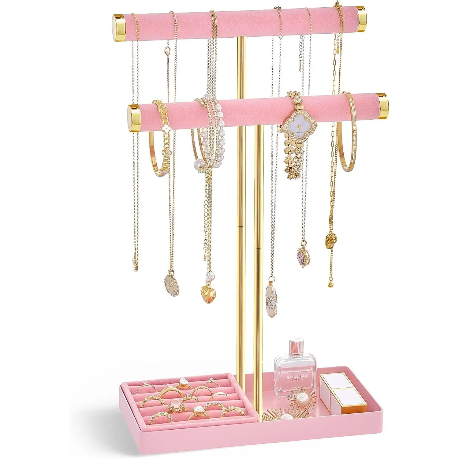 Pink 2-Tier Velvet Wrapped Jewelry & Sunglasses Organizer - Home Supply with 360° Swivel Divided Countertop Racks, Removable Ring Tray, Tall Bracelet Stand for Bangles, Watches, Earrings, Gift for Mom