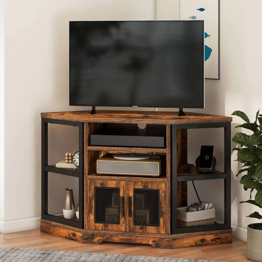 Corner TV Stand with Power Outlets & USB Ports, 55" Farmhouse Media Console, Ebony Relief P2 MFC Wood Entertainment Center for Living Room, Bedroom, Steel Legs