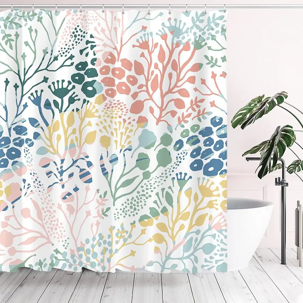 Colored Coral Shower Curtains, Green Branches Tropical   Raindrops Bathroom  Fabric 71x71 Inch with Hooks Decoration
