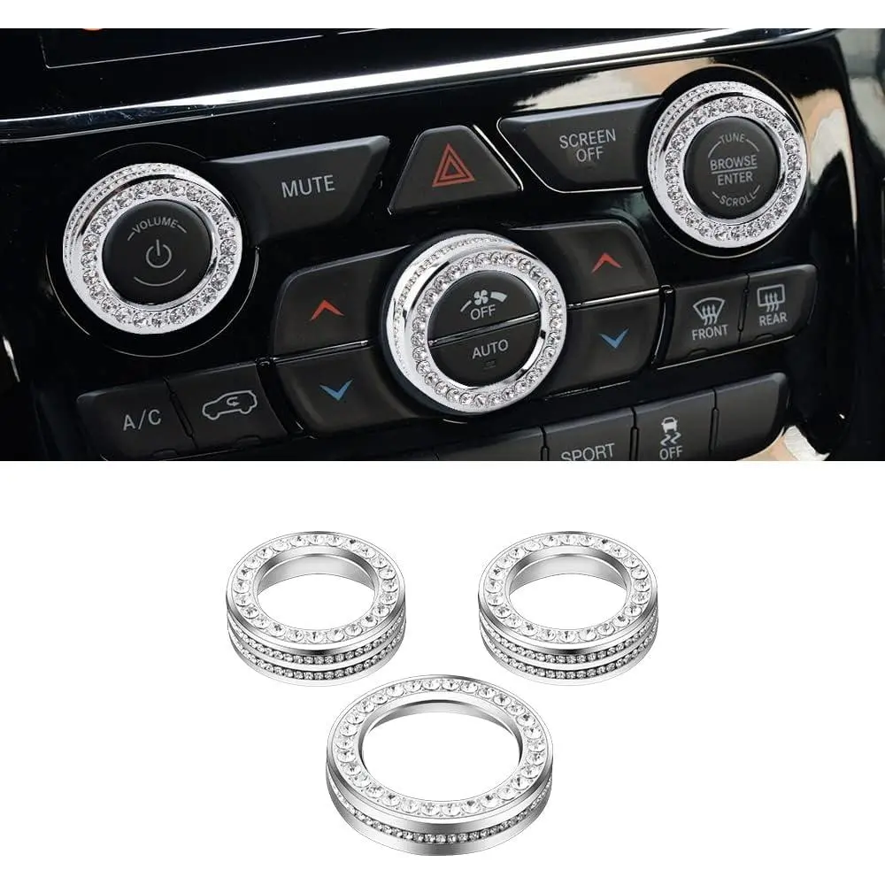 Jeep Grand Cherokee and Cherokee (2014-2021 models) accessories, crystal shiny car air conditioning knob cover, suitable for Jeep interior decoration kit, 3-piece set, unisex, metallic silver: car accessories