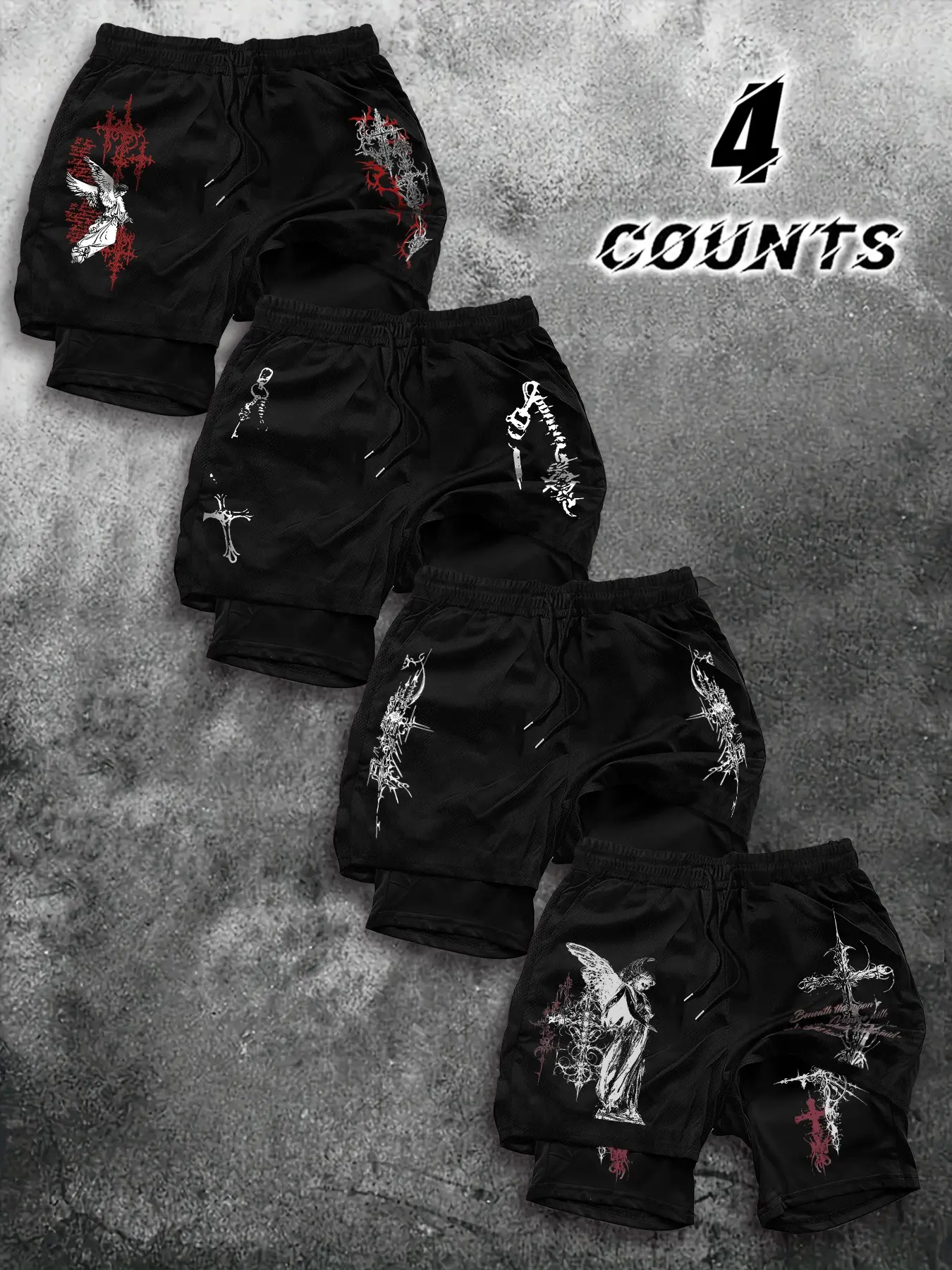 Summer Trendy Cross Thorns Fake Two-Piece Casual Sports Shorts, Street Gothic Design, 4 Pcs Set, Shorts Pack, Multiple Styles and Colors, Casual Wear