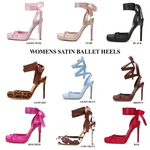 CYNLLIO High Heels for Women Closed Square Toe Stiletto Satin Ballet Heel Bow Design Lace Up Ballerina Dress Heeled Sandals for Party Date Outdoor Events Cosplay Ankle Starp Slingback Pumps Spring Mary Janes Ballerina Graduation Heels Shoe