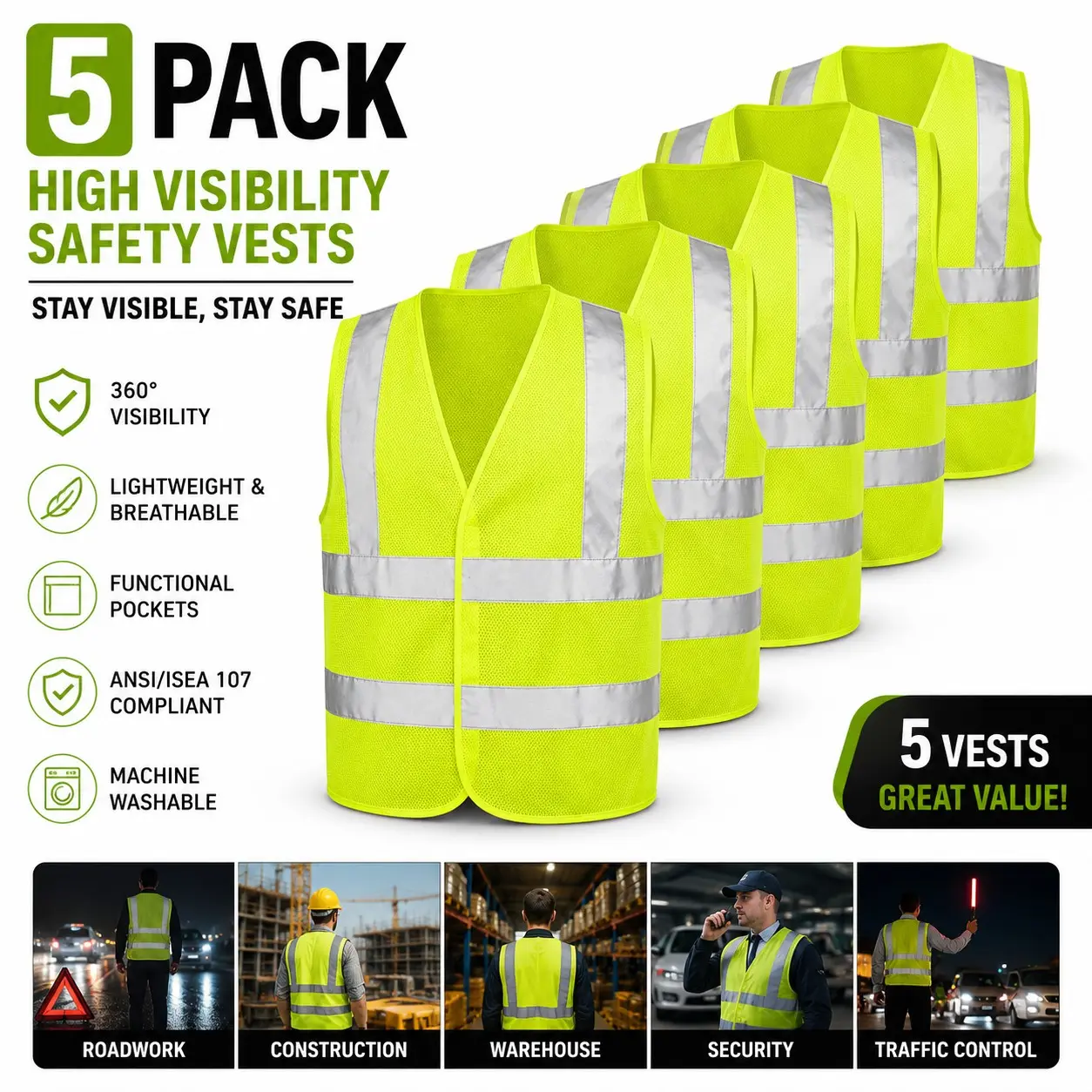 5pcs Breathable High Visibility Safety Vests, Reflective Stripes for Construction and Cycling, Essential Gear for Worker Protection