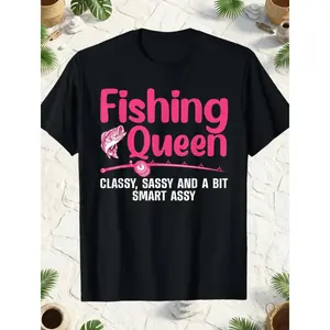 Women's Fun Fishing Queen Pattern T-Shirt - Designed for "elegant, lively, and smart" female anglers, featuring a pattern of fish and fishing rods - Loose fit, casual short sleeves, black crew neck top, suitable for outdoor fishing trips