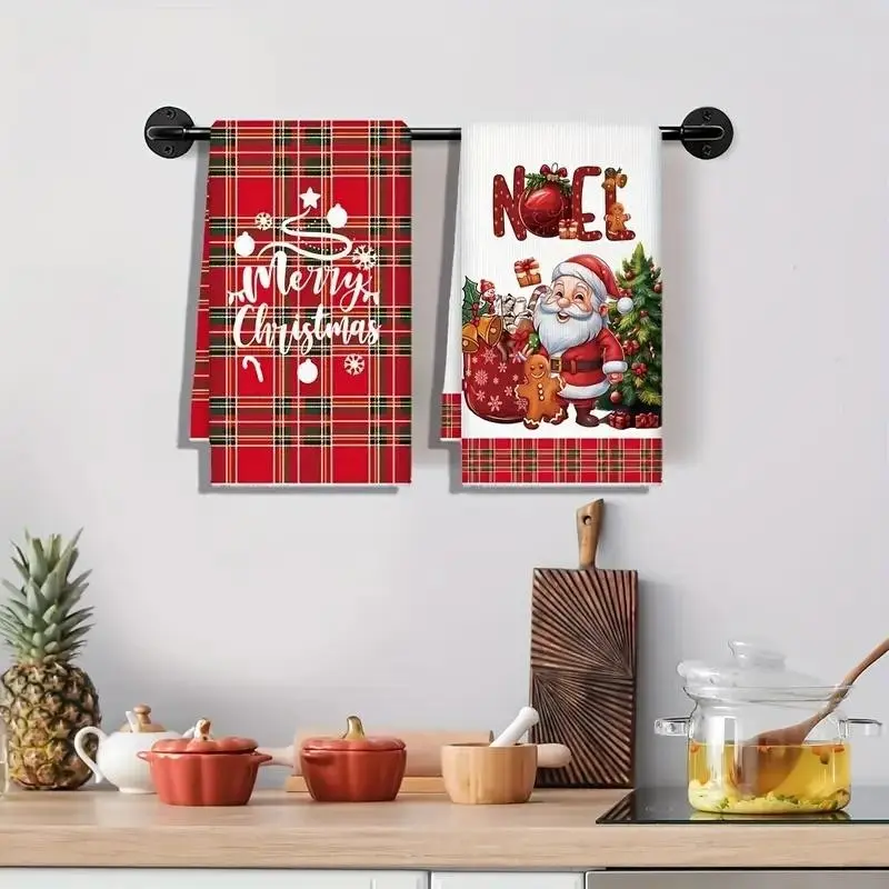 2 Piece Christmas Kitchen Towels, Santa and Gingerbread Design, Quick-Dry Absorbent Microfiber, Plaid, Cooking, Baking, Moving, Holiday Decor, Microfiber Cleaning Towels