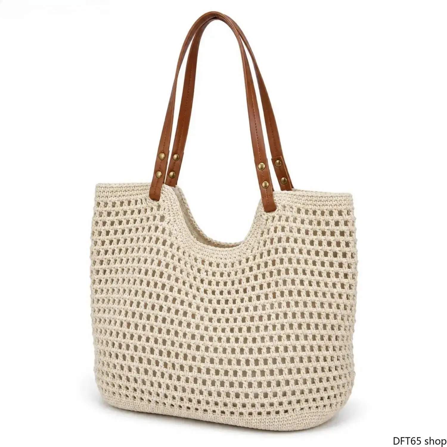 Women's Boho Hollow Open Weave Synthetic Yarn Knit Tote Bag - Lightweight Casual Trendy Handbag Woven Bag, Sturdy Faux Leather Handles, Magnetic Snap, Daily Use Luggage Accessory, Beach Shopping Pick, Gifts for Women