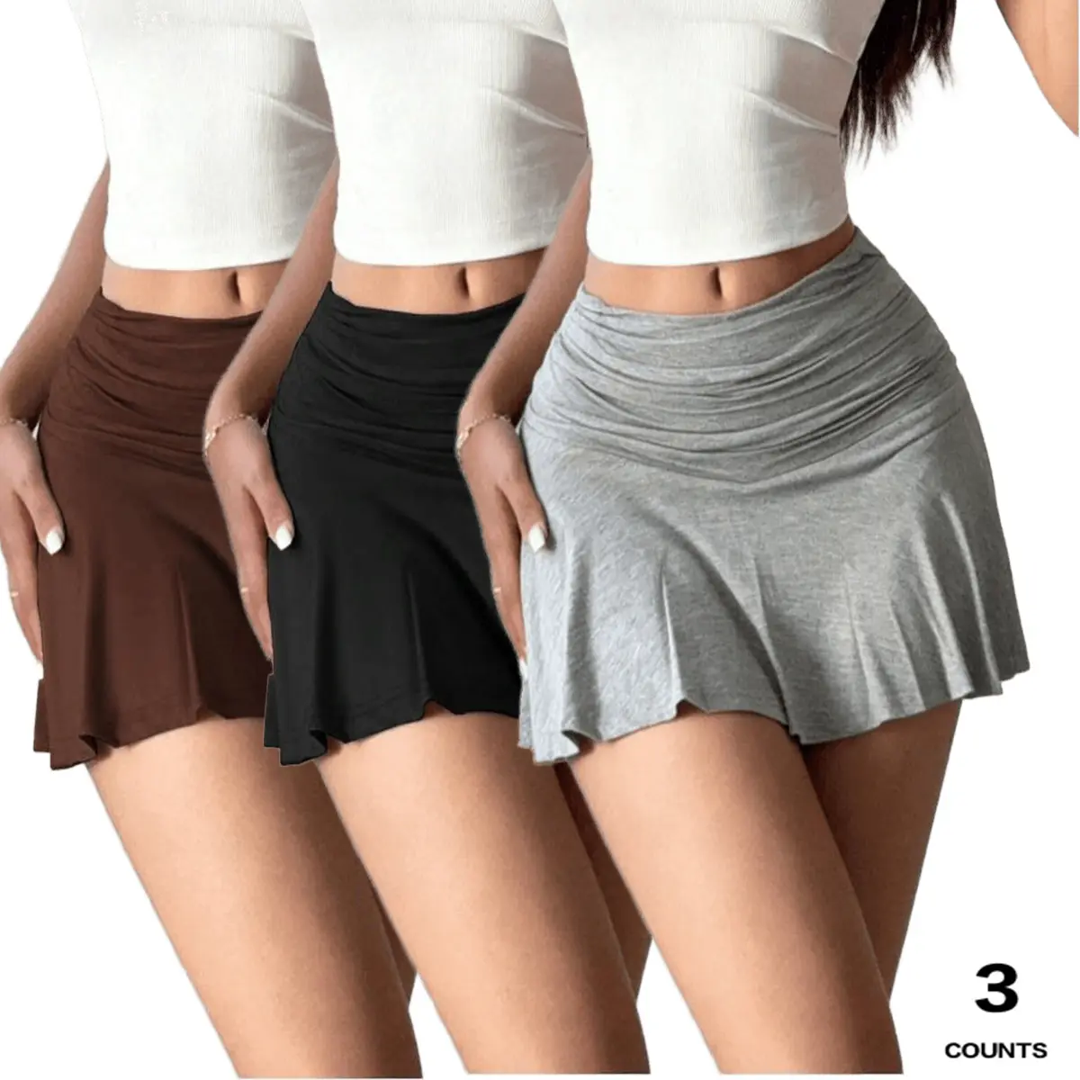 3 Pack Women High Waist Ruched Bodycon Mini Skirt Stretchy Slim Sexy Short Bottoms Trendy Fashion For Street Club Party Daily Casual Wear