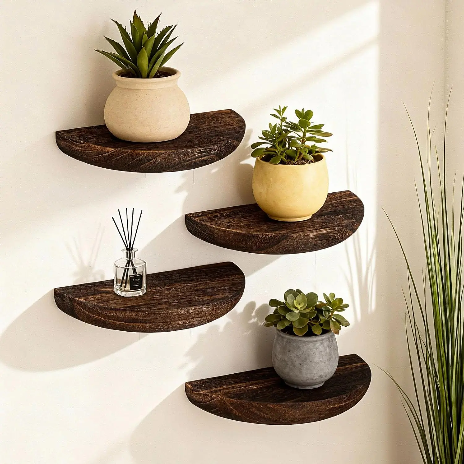 4 count Solid  Half Round Floating Wall Shelves, Elegant Small Floating Wooden Shelves, 8.27 Inch Wall Shelf for Living Room, Bathroom, Bedroom, Offices, Pictures  Book(Dark Brown)