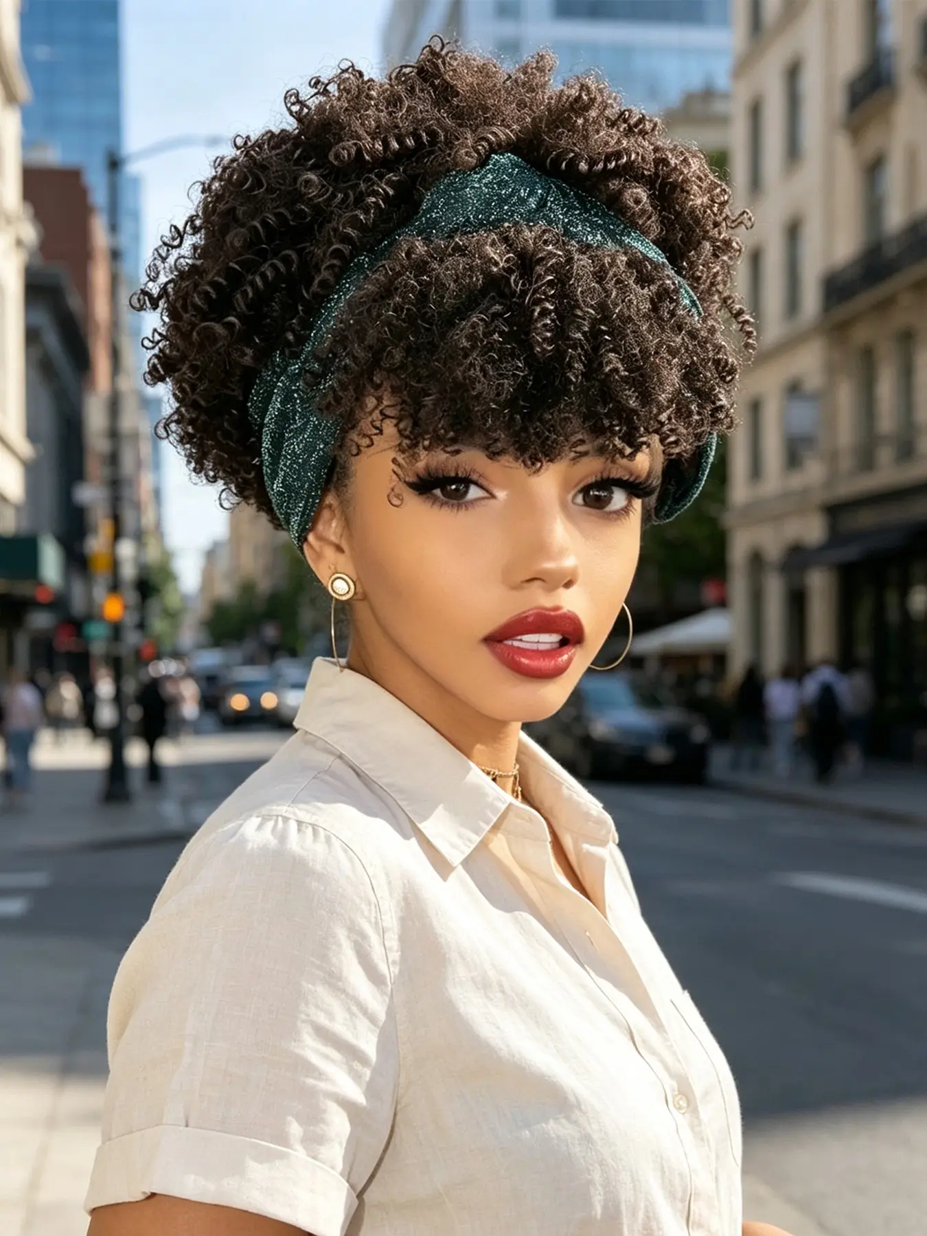 KAIRIYA 2-in-1 Afro Kinky Curly Headband Wig for Black Women, Fluffy Ombre High Puff & Turban Wrap, Synthetic Material Wigs Hairpiece for Holiday Parties, Music Festivals, Christmas & Festive Celebrations Style