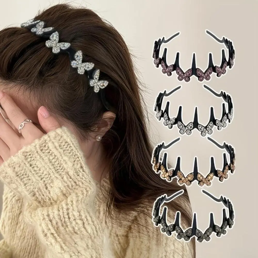 4Pcs Elegant Wavy Crystal Butterfly Headbands, Unisex Non-Slip Lightweight Durable Plastic Hair Accessory, Sparkling Decor for Wedding, Party & Daily Casual Hairstyling