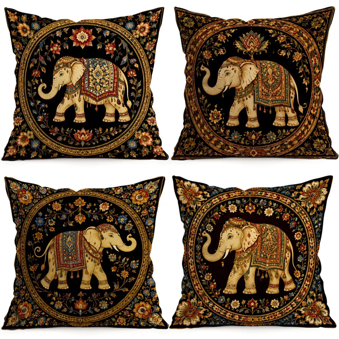 4pcs Vintage Indian Elephant Pattern Cushion Covers, Single-Sided Print, Home Decor for Living Room Bedroom, All Seasons, No Insert Included