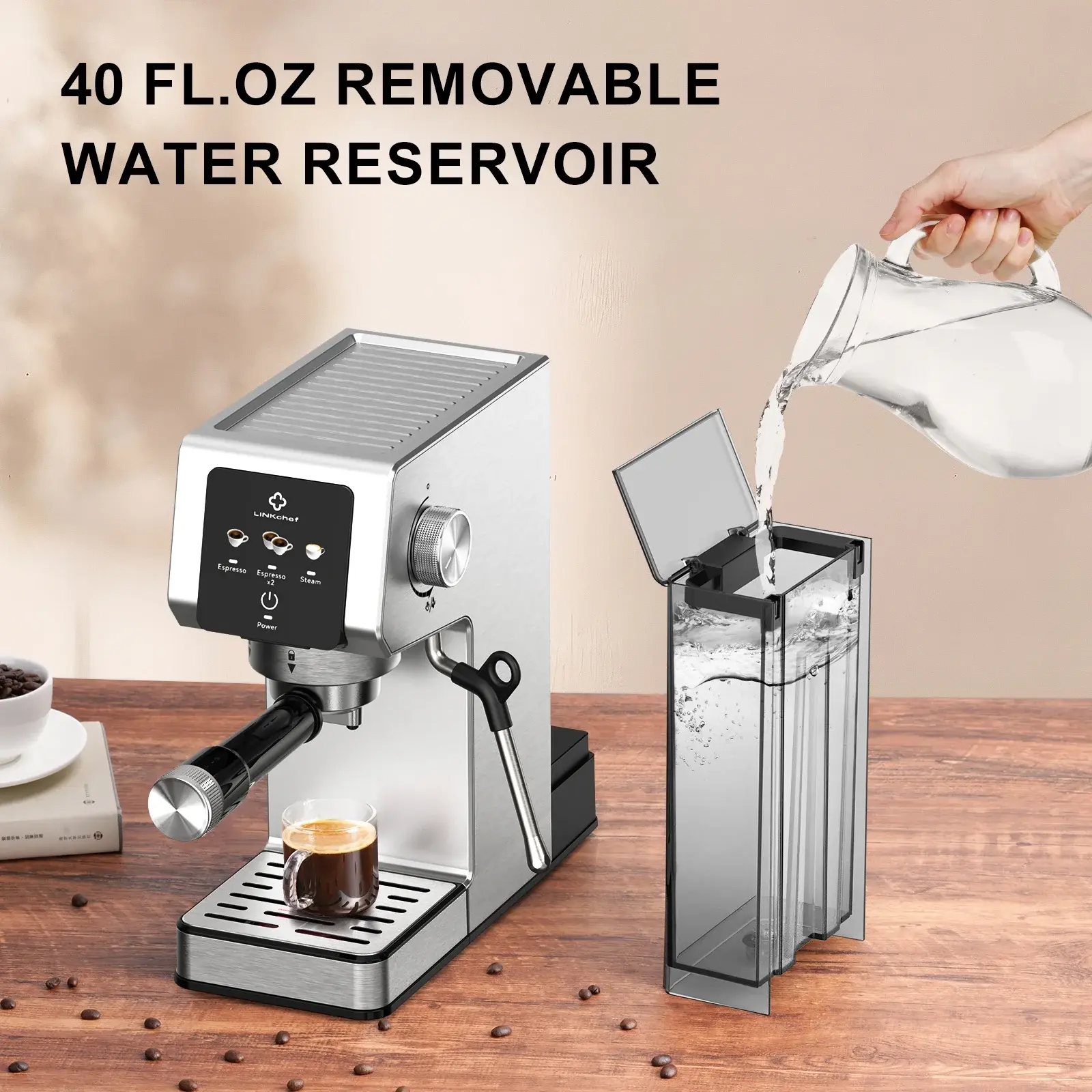 LINKChef 20-Bar Espresso Machine 1300W with Automatic Steam Wand 40oz Water Tank Single Double Shot Black Silver