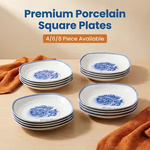 4/6/8‑Piece Set Available, 8 Inch Chinese Blue White Underglaze Porcelain Square Dinner Plates, Vintage Peony Floral Ceramic Serving Plates, Microwave Dishwasher Safe Lead‑Free Heat‑Resistant Tableware for Home Kitchen Party Steak Salad Pasta Fruit Dishes