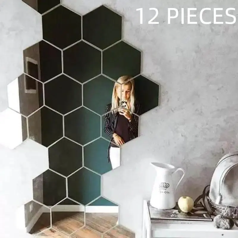 DIY Art Decoration Removable Silver Color Acrylic Mirror Wall Stickers, 12 Hexagonal & 4 Square Honeycomb Pattern, Wall-Mounted Home Decor