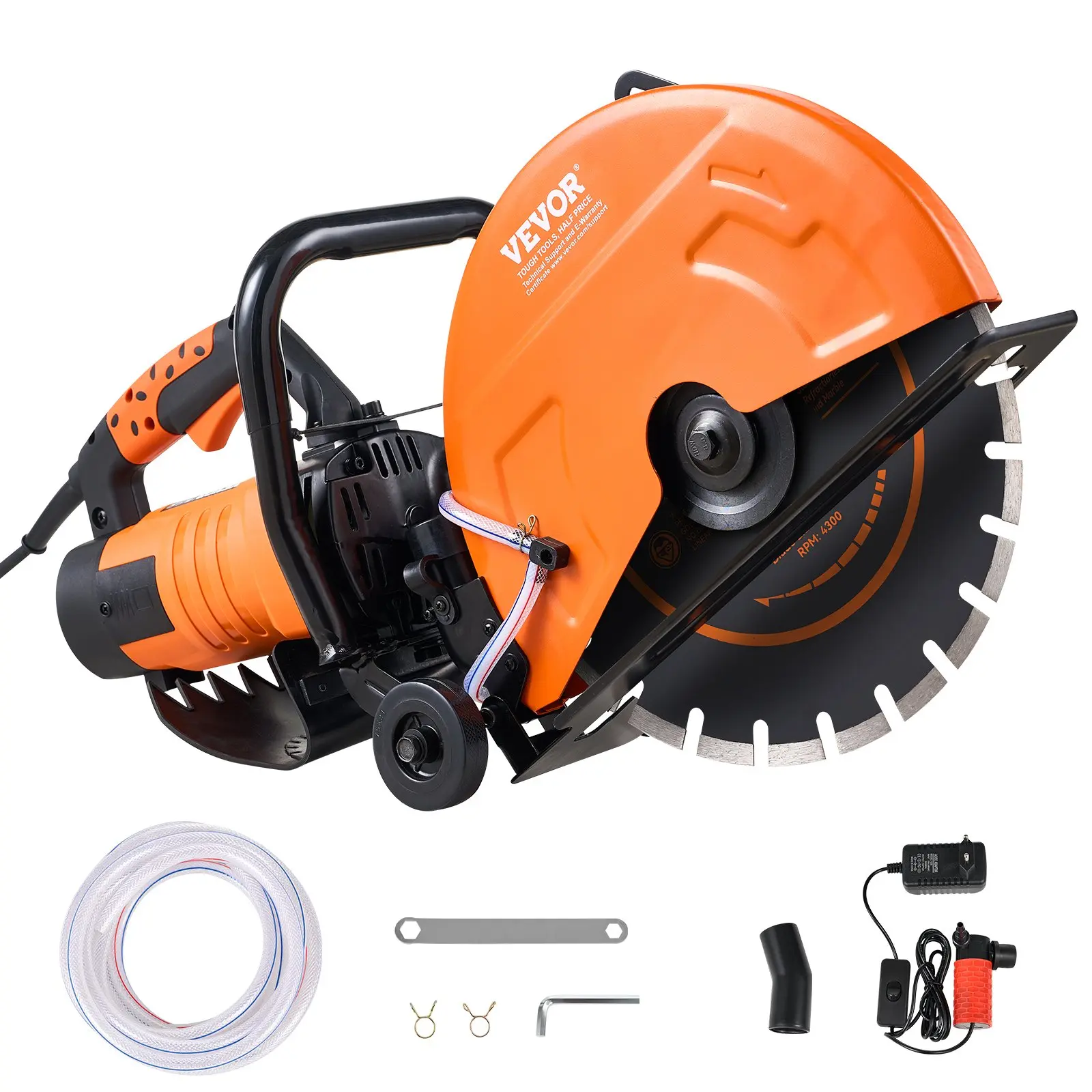 Electric Concrete Saw, 14 in, 3200 W Motor Circular Saw Cutter with Max. 5 in Adjustable Cutting Depth, Wet Disk Saw Cutter Includes Water Line, Pump and Blade, for Stone, Brick