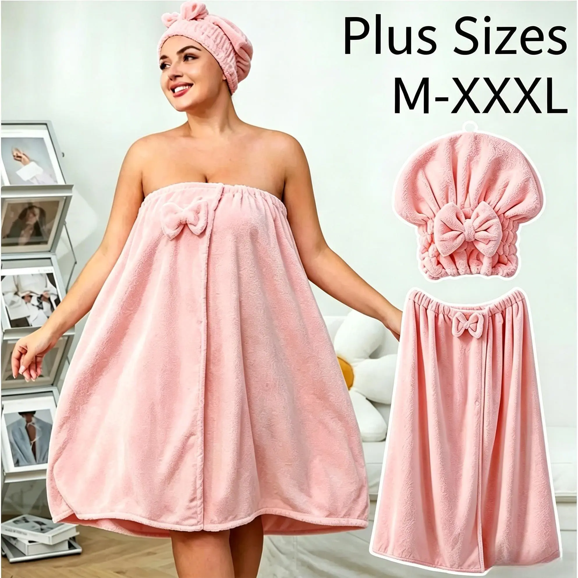 Plus Size 2-Piece Bathroom Towel Set - Adjustable Thick Synthetic Coral Fleece Spa Wrap, Quick-Dry Shower Cap, Soft Water-Absorbent Shower Skirt for Home & Trips